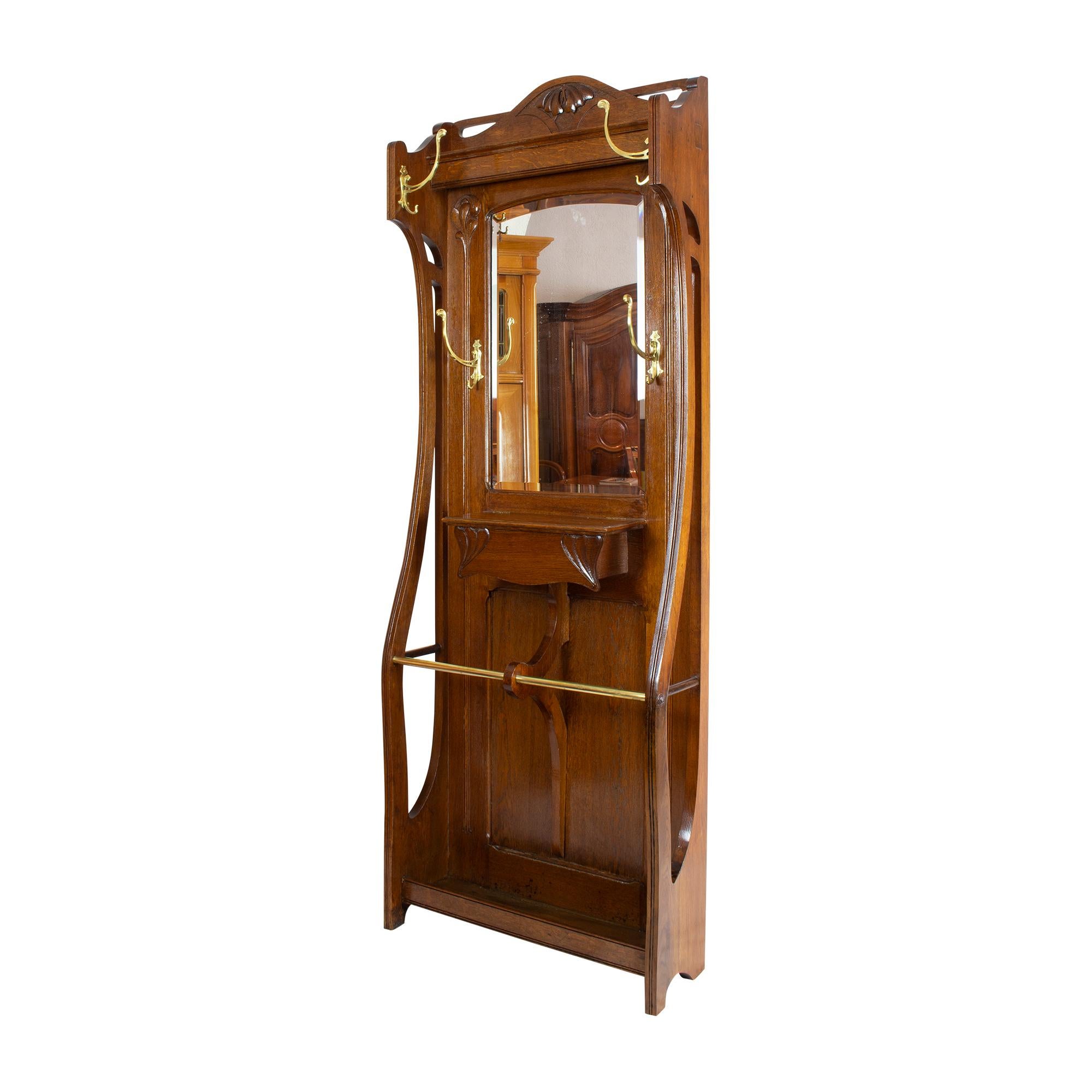 German Art Nouveau Oakwood Wardrobe with Brass Hooks For Sale 7