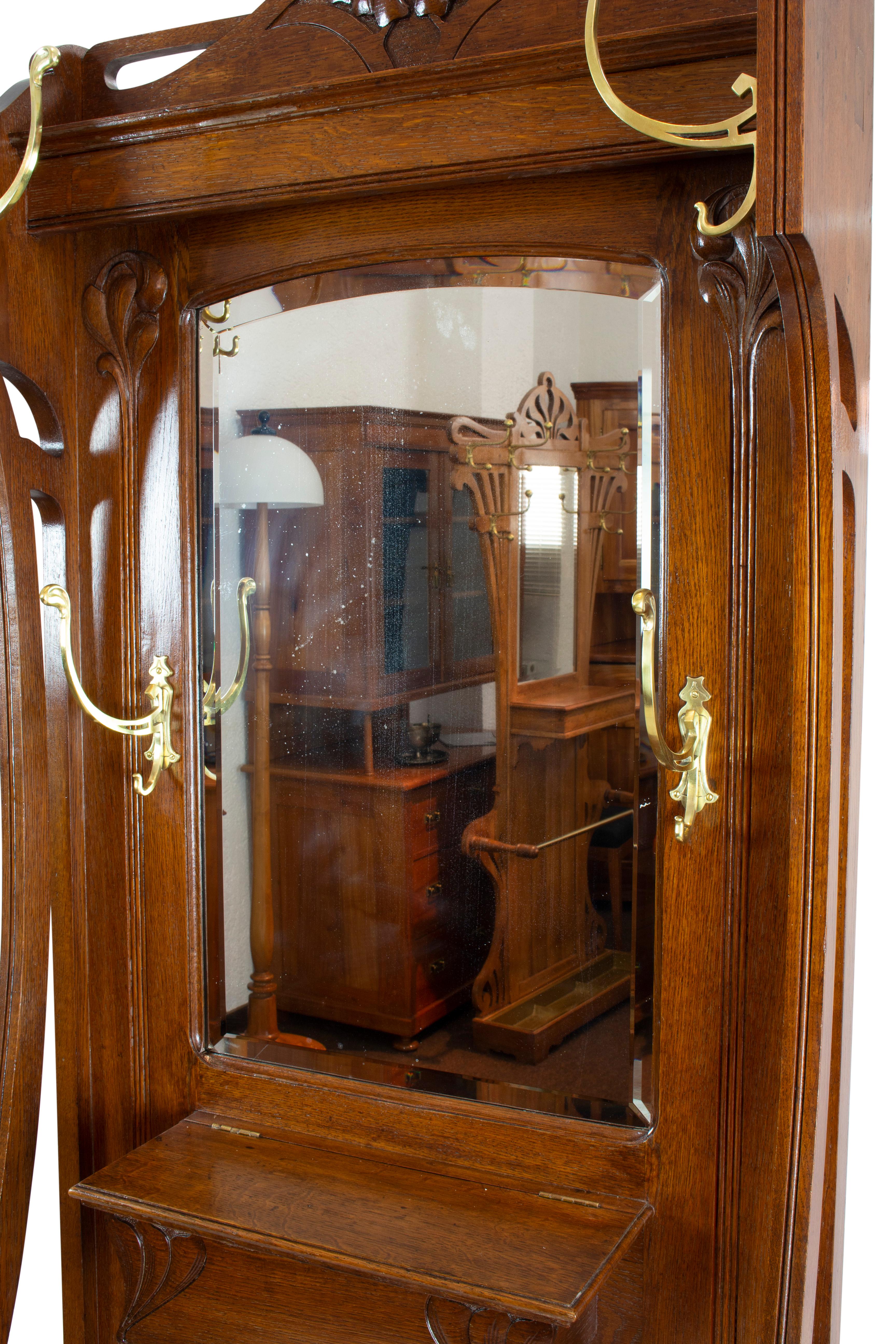 German Art Nouveau Oakwood Wardrobe with Brass Hooks For Sale 1