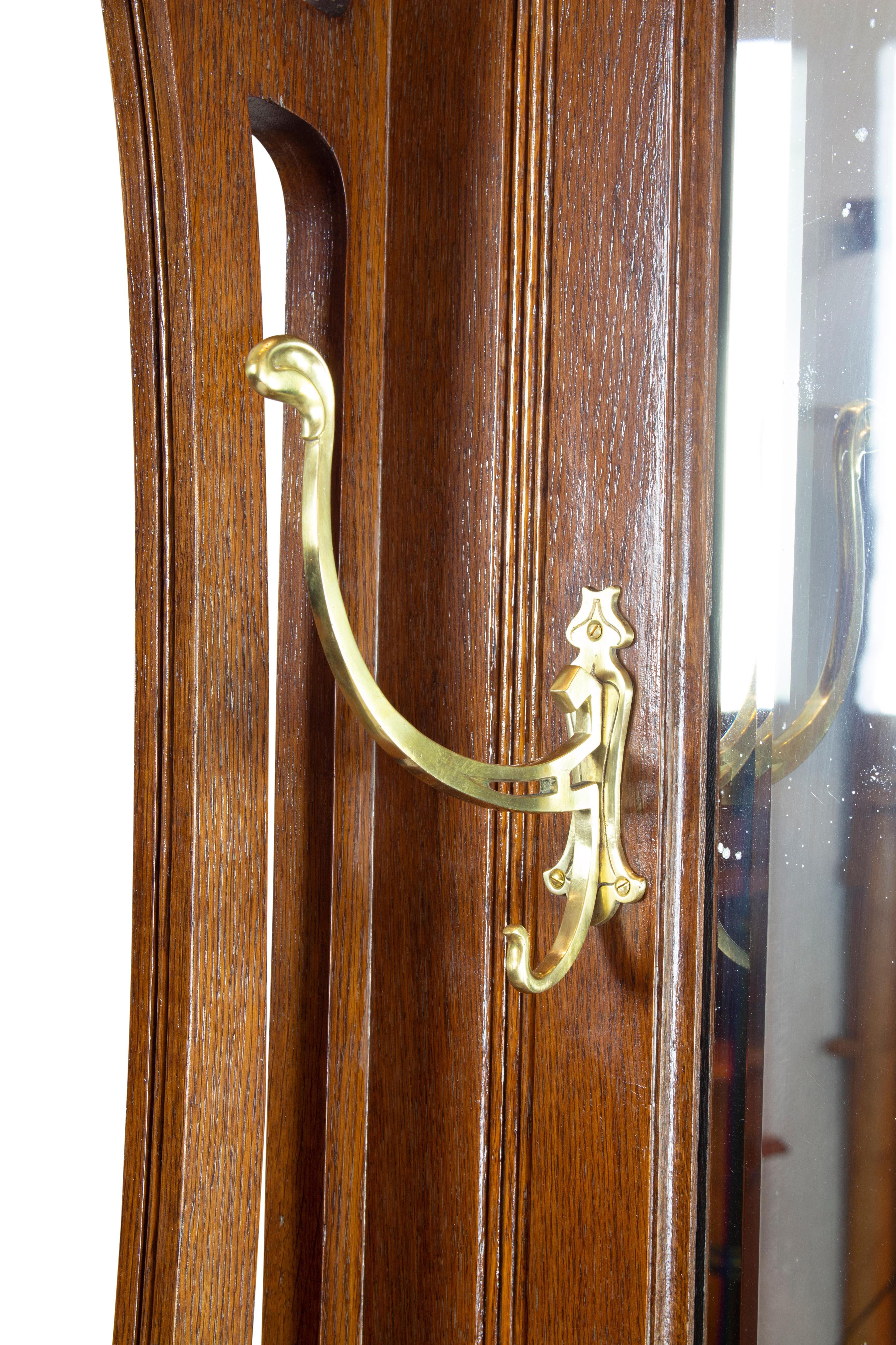 German Art Nouveau Oakwood Wardrobe with Brass Hooks For Sale 3