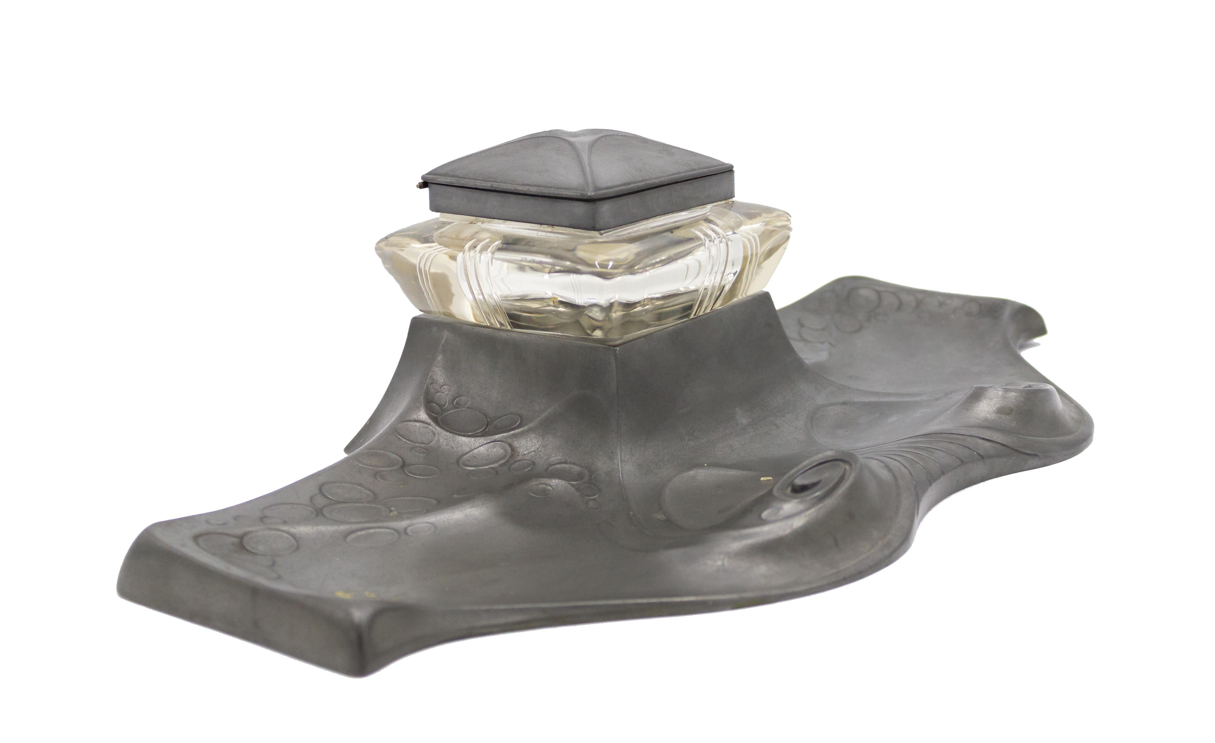 Glass German Art Nouveau Pewter Inkwell For Sale