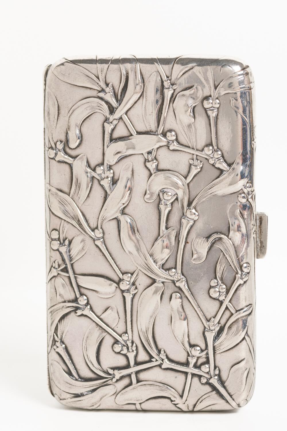 German Art Nouveau Silver Mistletoe Cigarette Case In Good Condition In Portland, England