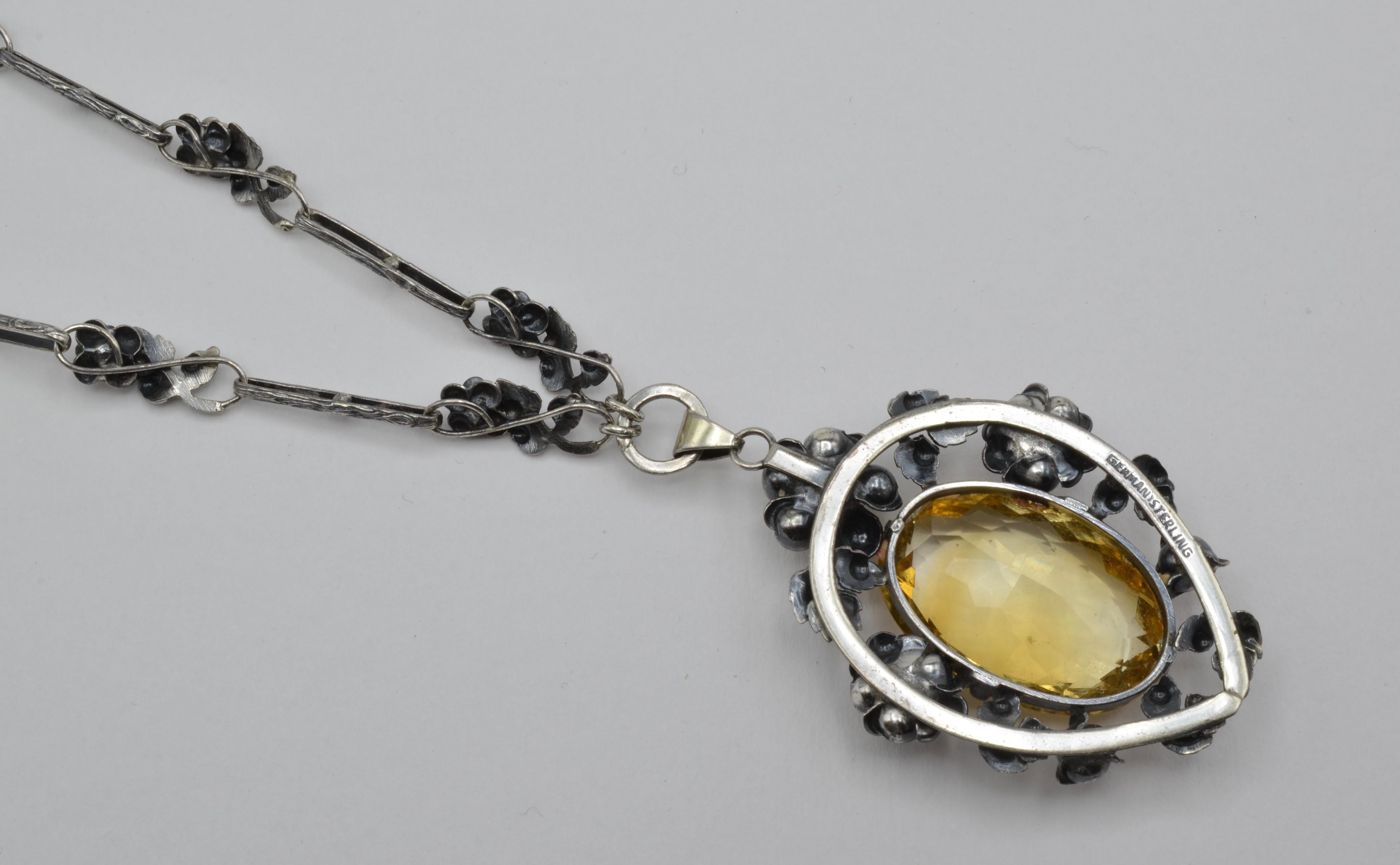 Oval Cut German Art Nouveau Silver Necklace Flower Oval Citrine