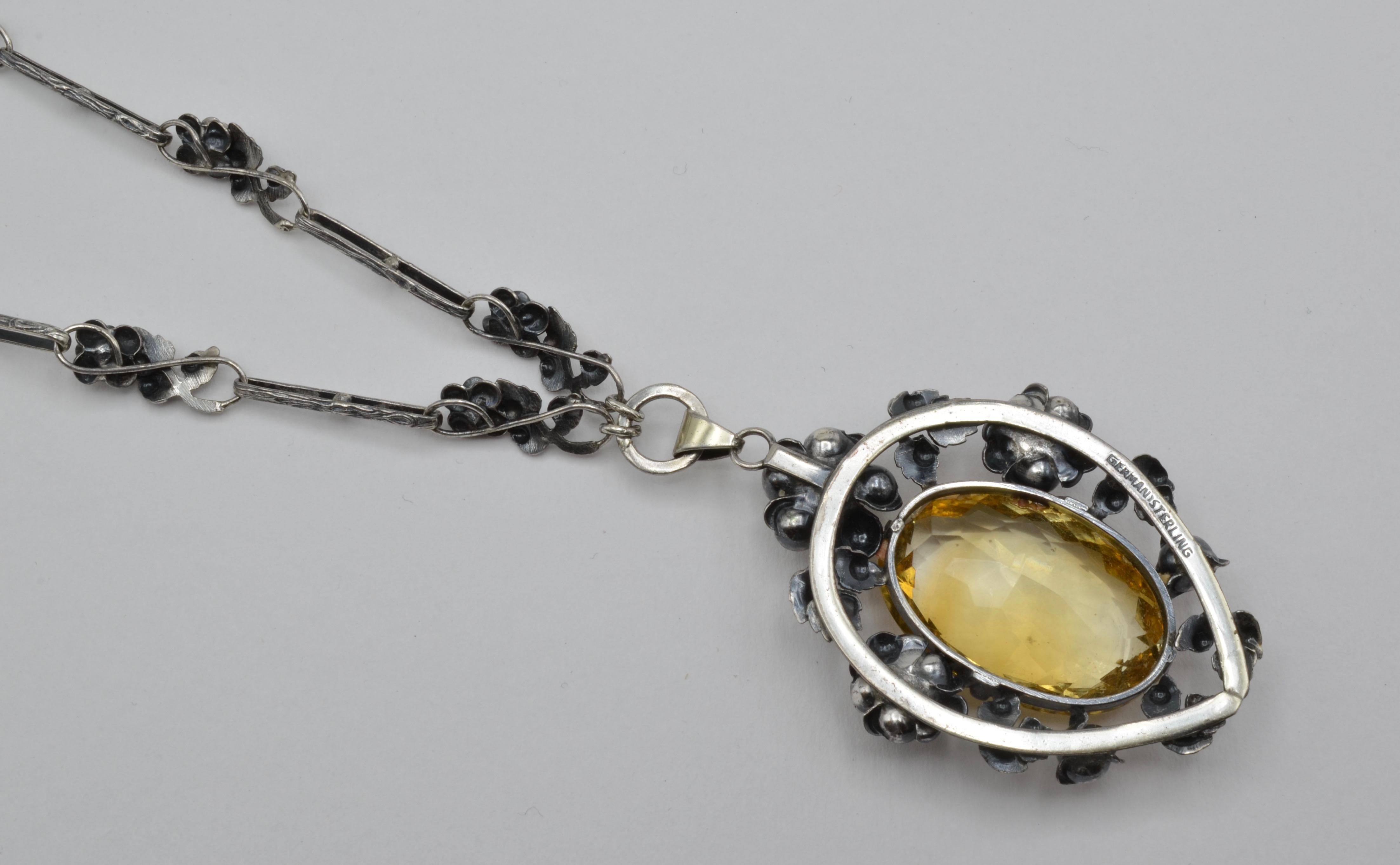 Oval Cut German Art Nouveau Silver Necklace Flower Oval Citrine For Sale