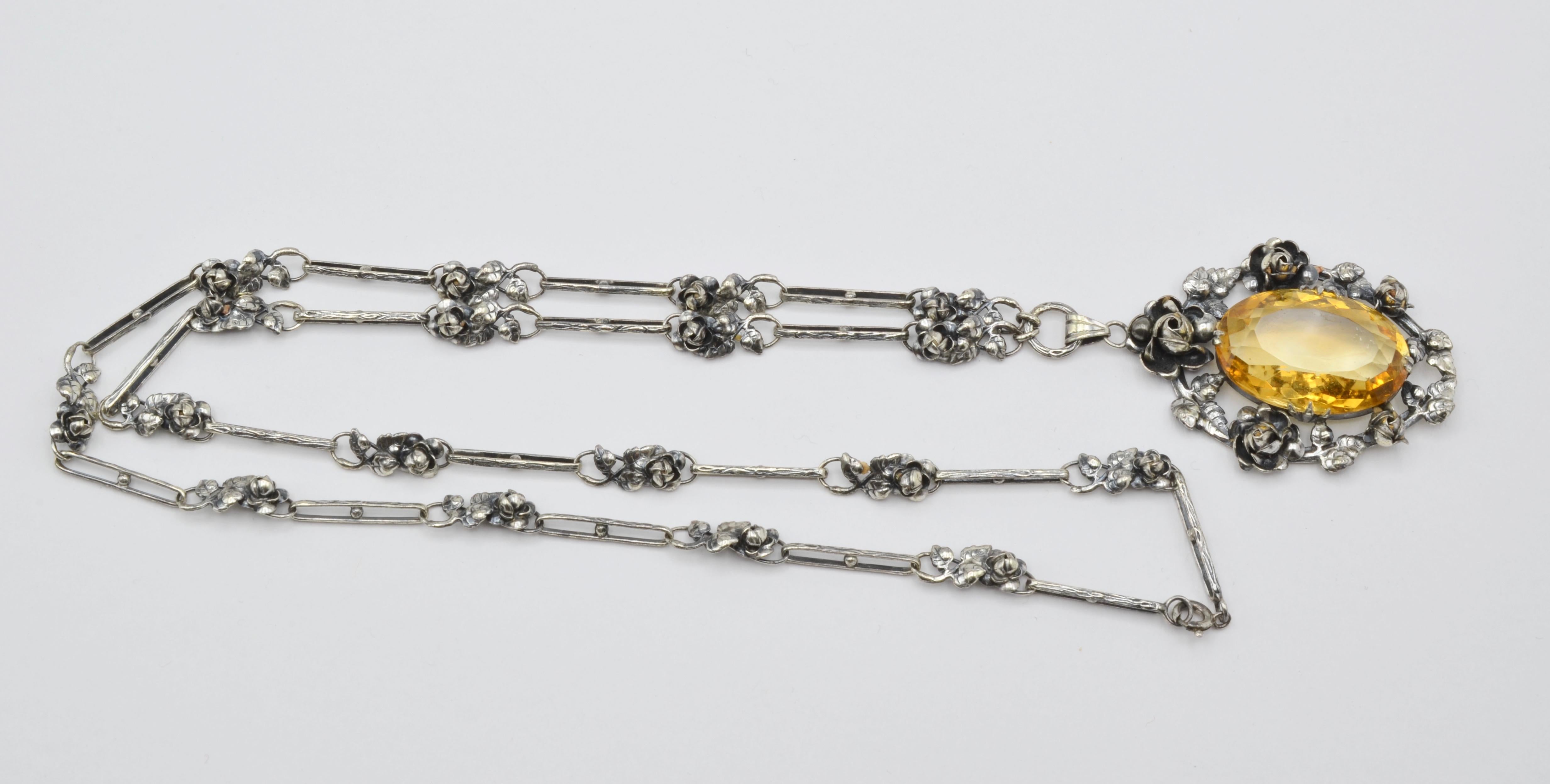 German Art Nouveau Silver Necklace Flower Oval Citrine 1