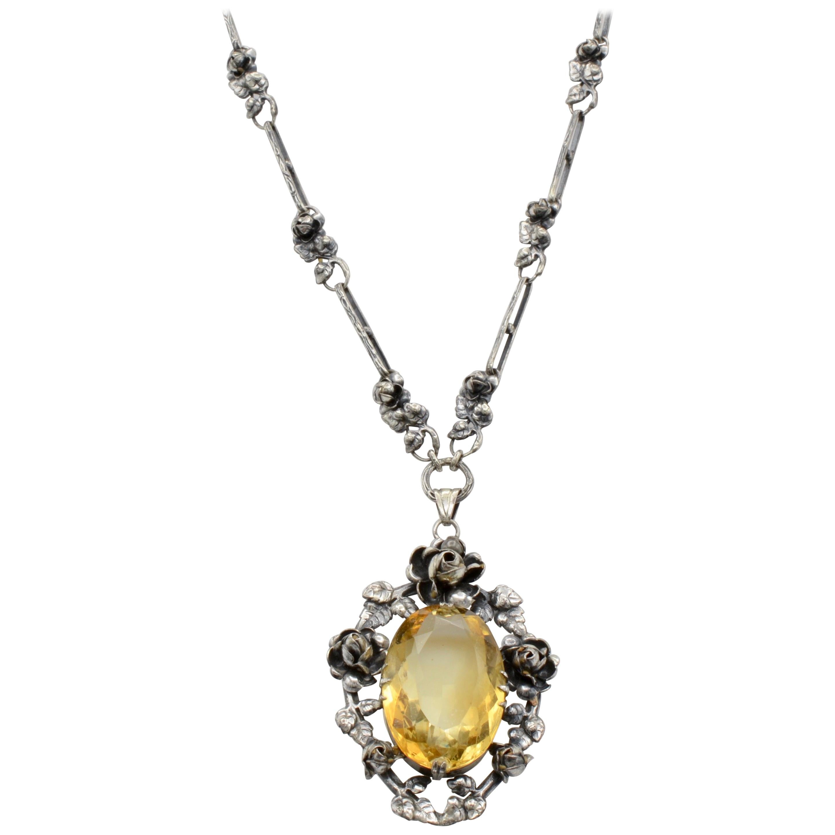 German Art Nouveau Silver Necklace Flower Oval Citrine For Sale