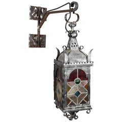 Antique German Art Nouveau Wrought Iron Entrance Lantern