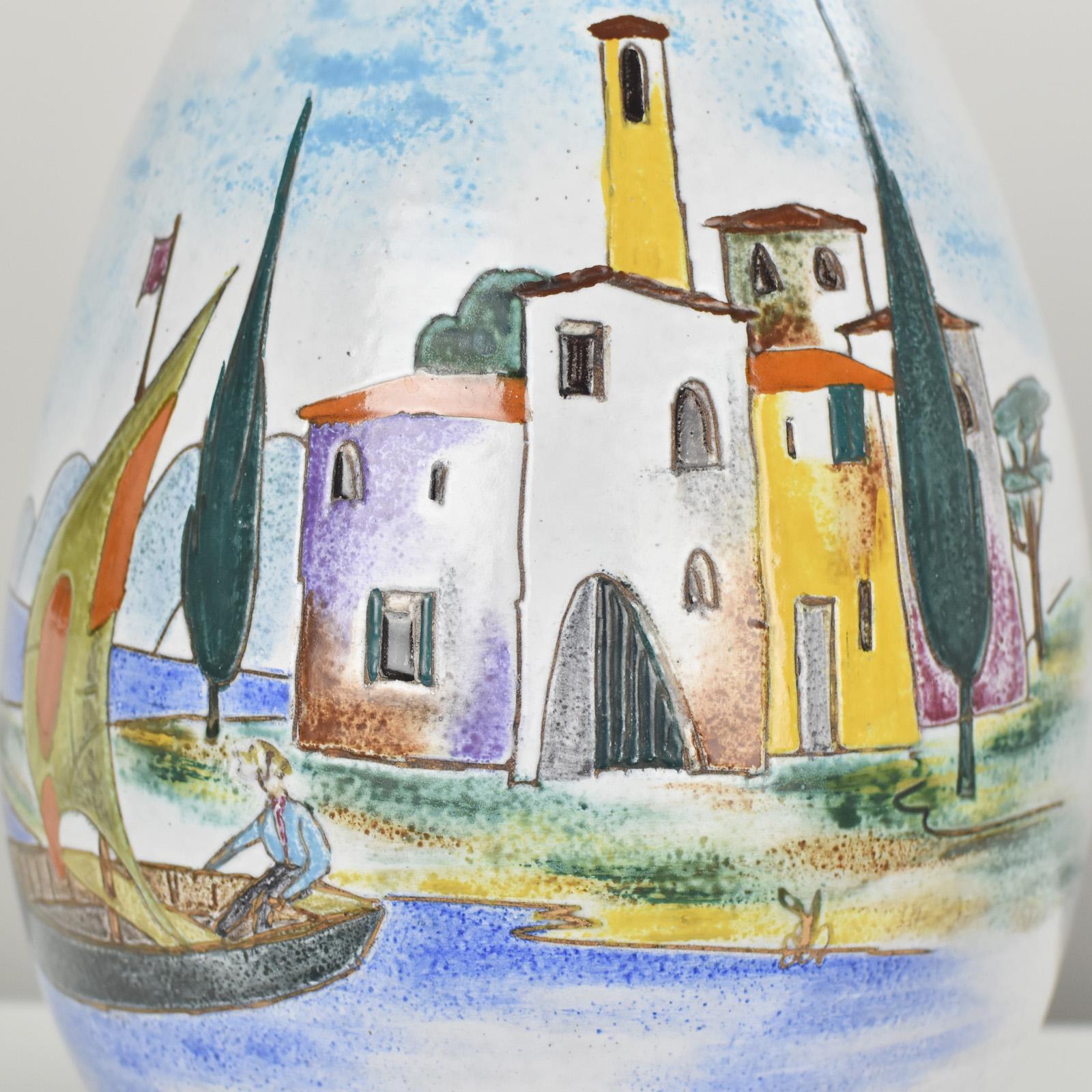 Ceramic German Art Pottery Vase hand painted Italian Tuscany Scene, Mid-Century Modern