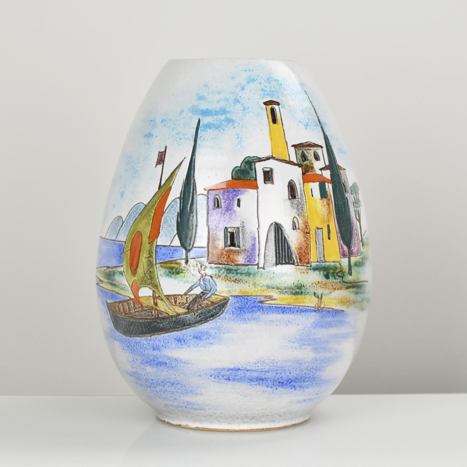 German Art Pottery Vase hand painted Italian Tuscany Scene, Mid-Century Modern 1