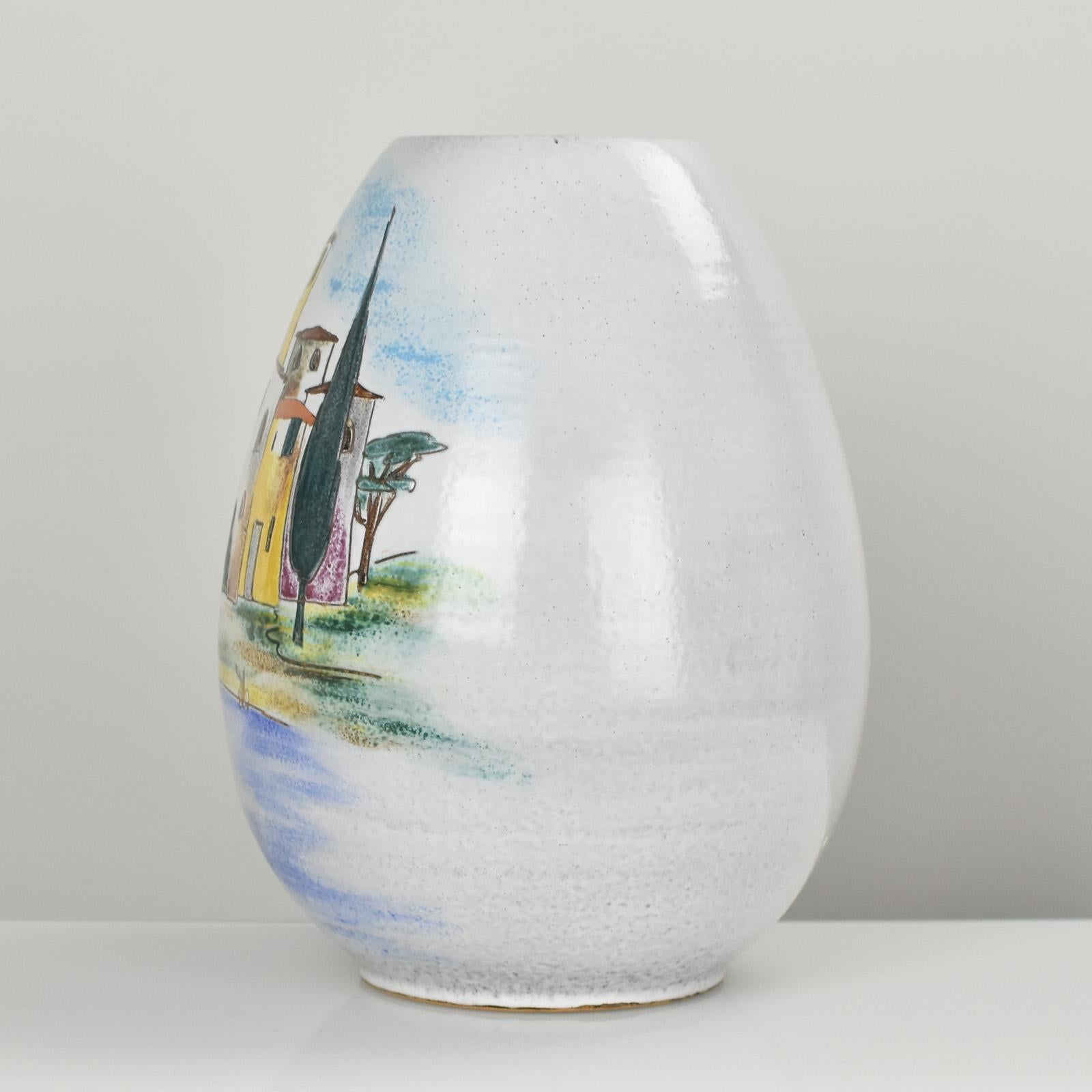 German Art Pottery Vase hand painted Italian Tuscany Scene, Mid-Century Modern 2