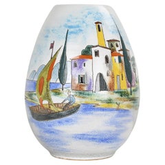 Vintage German Art Pottery Vase hand painted Italian Tuscany Scene, Mid-Century Modern