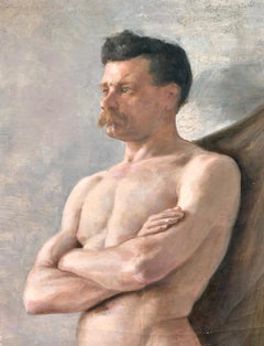 Ritratto di uomo nudo con baffi, olio di German School inizio XX secolo