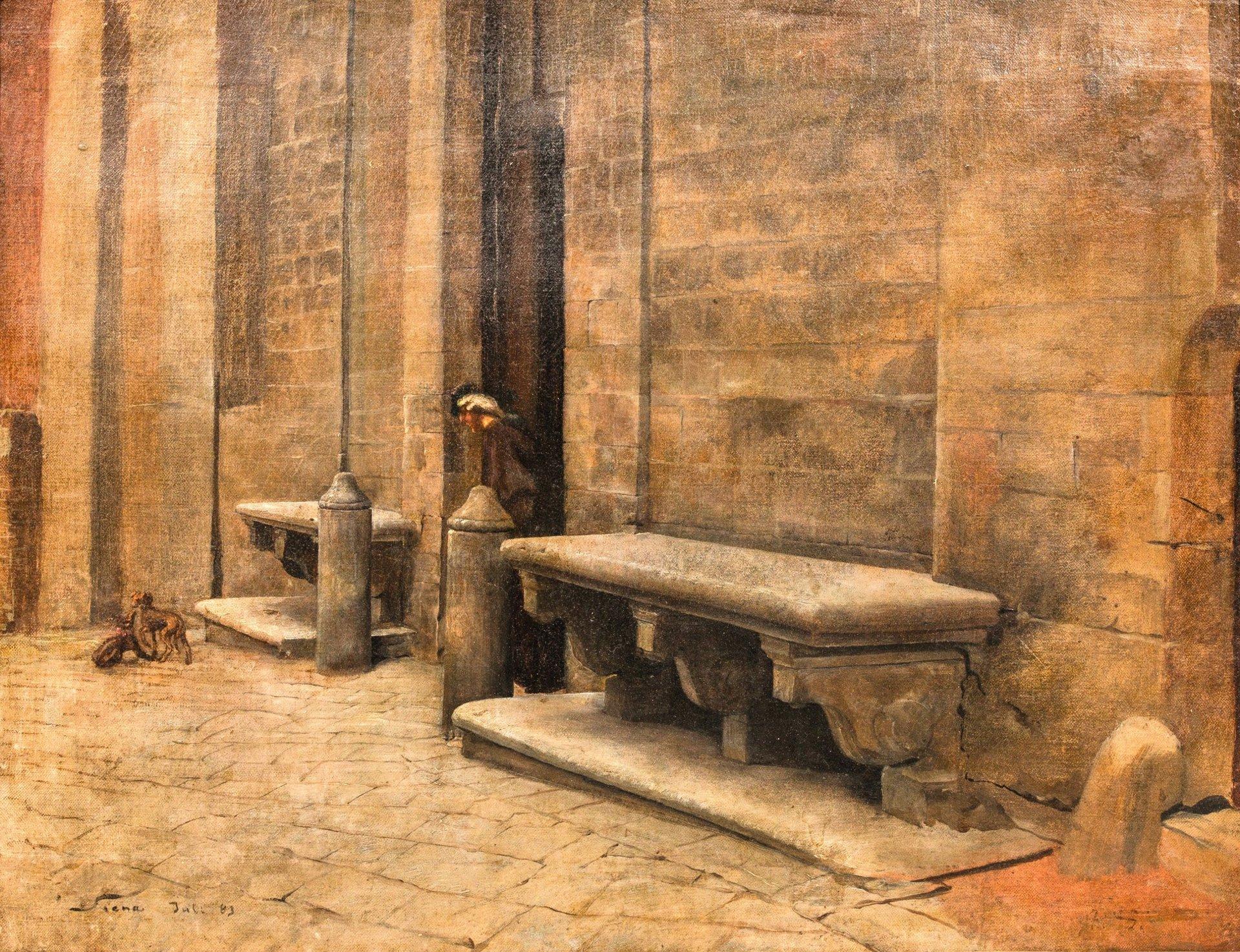 Church courtyard at Siena, oil on canvas - Painting by German artist