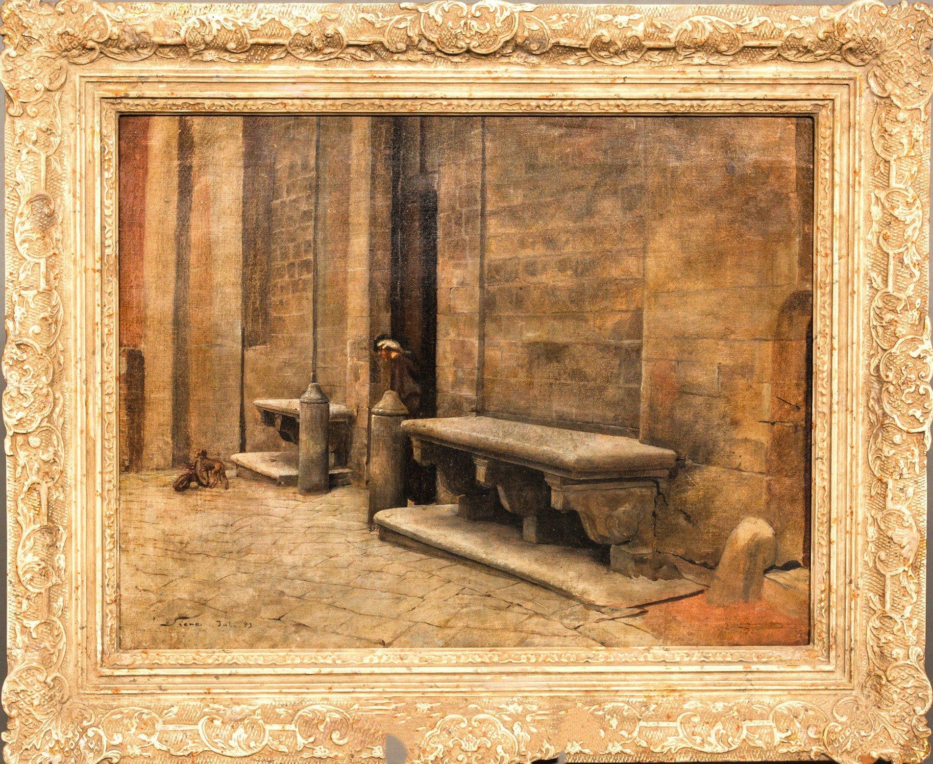 Church courtyard at Siena, oil on canvas - Brown Figurative Painting by German artist