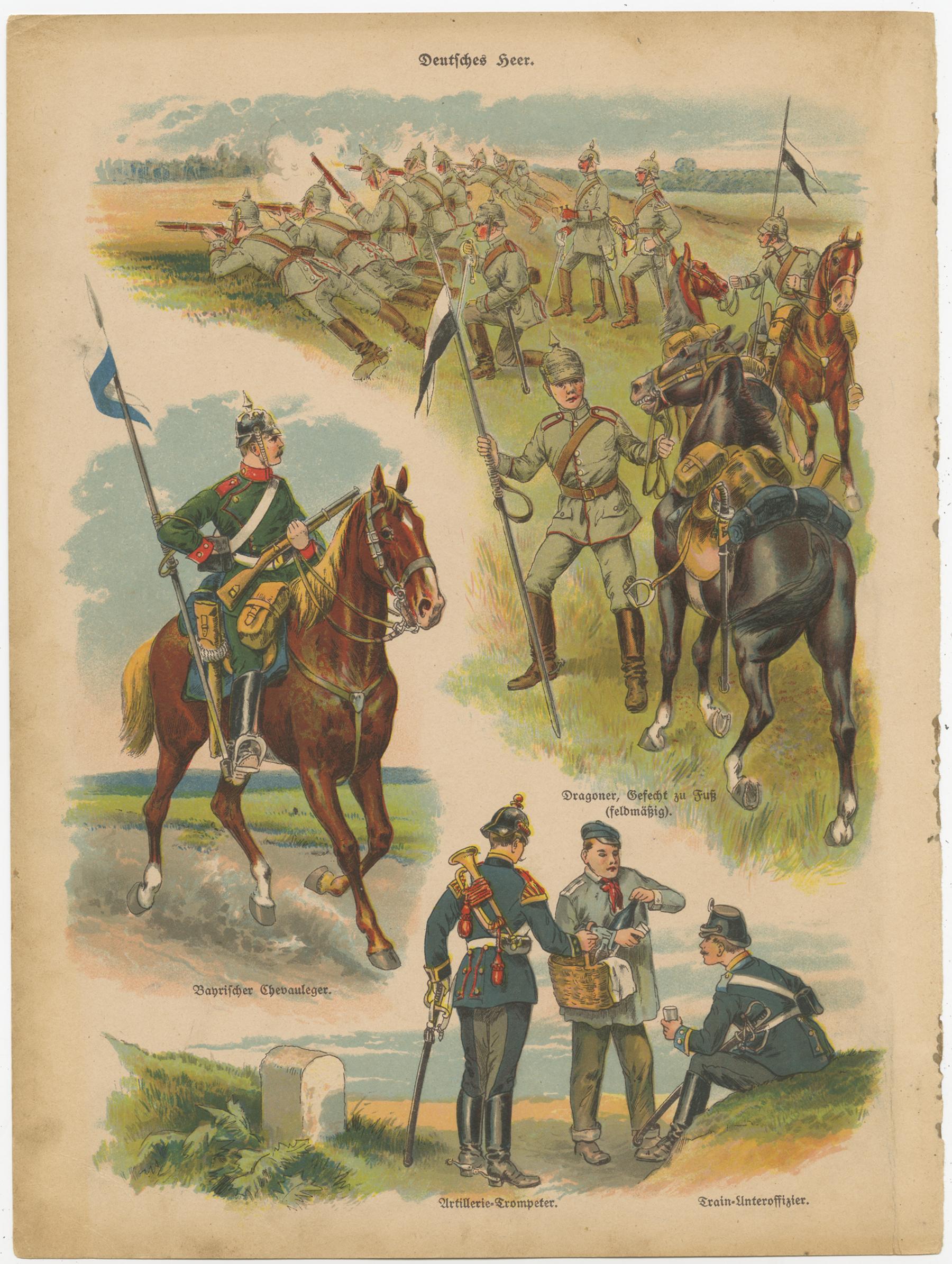 German & Austro-Hungarian Army Uniforms – Cavalry, Infantry & Officers, c.1890

Set of four antique hand-coloured lithograph prints depicting late 19th-century German and Austro-Hungarian military uniforms in vivid detail. Each plate captures a