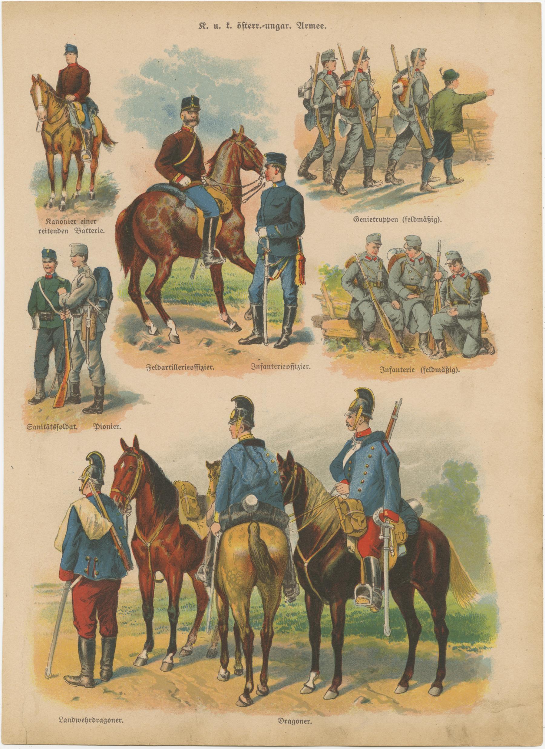 Deutsche und österreichisch-ungarische Militäruniformen - Kavallerie, Infanterie, Artillerie, 1890 im Zustand „Relativ gut“ im Angebot in Langweer, NL
