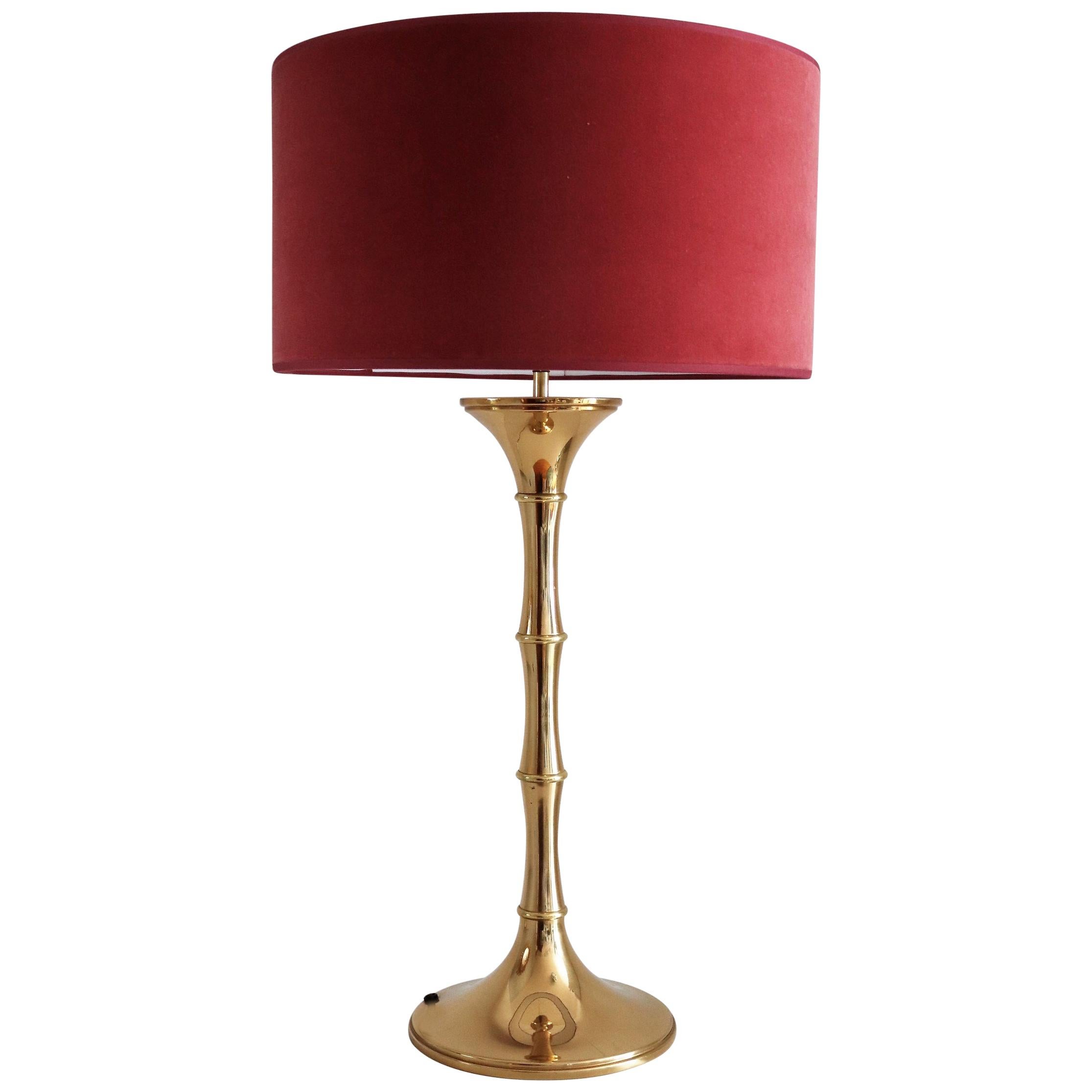 German Bamboo Table Lamp in Brass by Ingo Maurer with Velvet Lampshade, 1960s