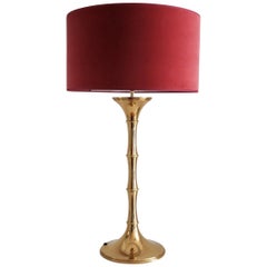 Vintage German Bamboo Table Lamp in Brass by Ingo Maurer with Velvet Lampshade, 1960s
