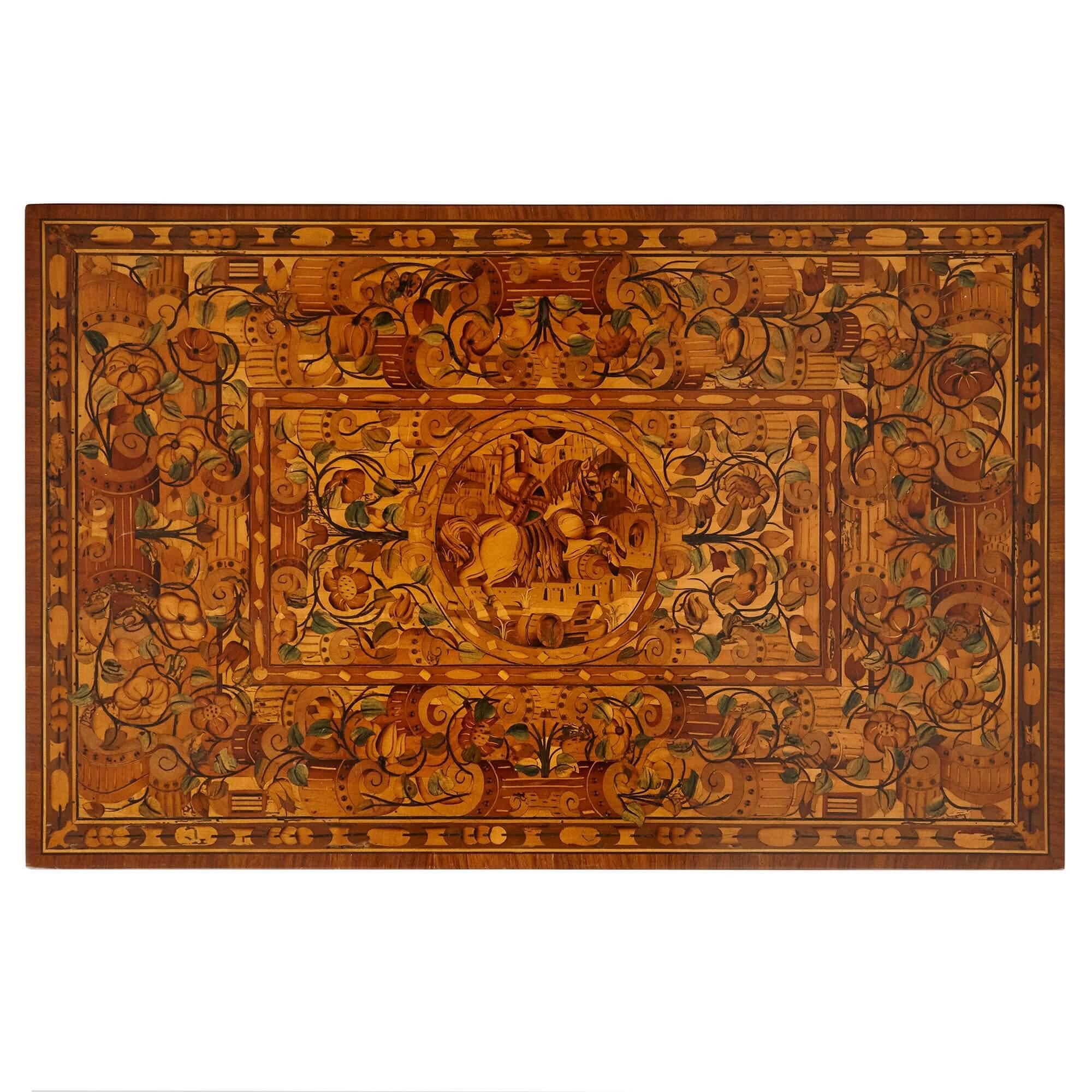 Produite en Allemagne au début du XVIIe siècle, cette table est de style et d'époque baroque. La table repose sur quatre pieds rectilignes, dont les profils carrés s'effilent de haut en bas. Les pieds sont reliés par un gradin inférieur et