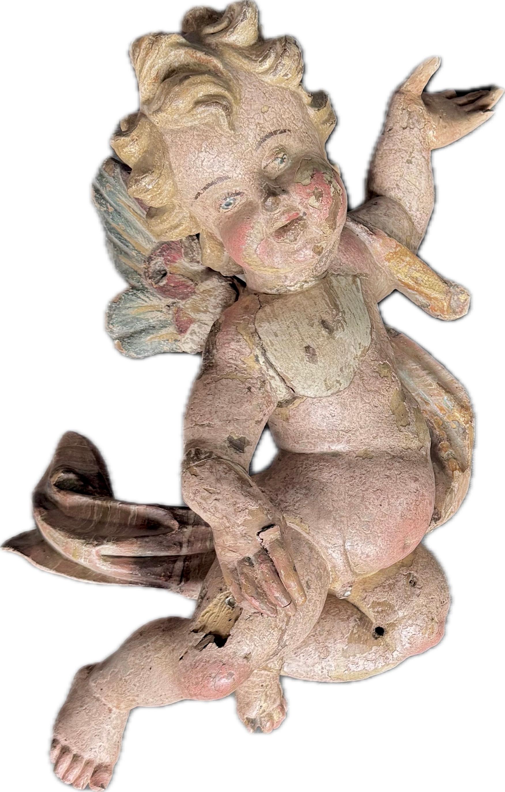 Sculture di angeli in legno dipinto in stile barocco tedesco, una coppia in vendita 2