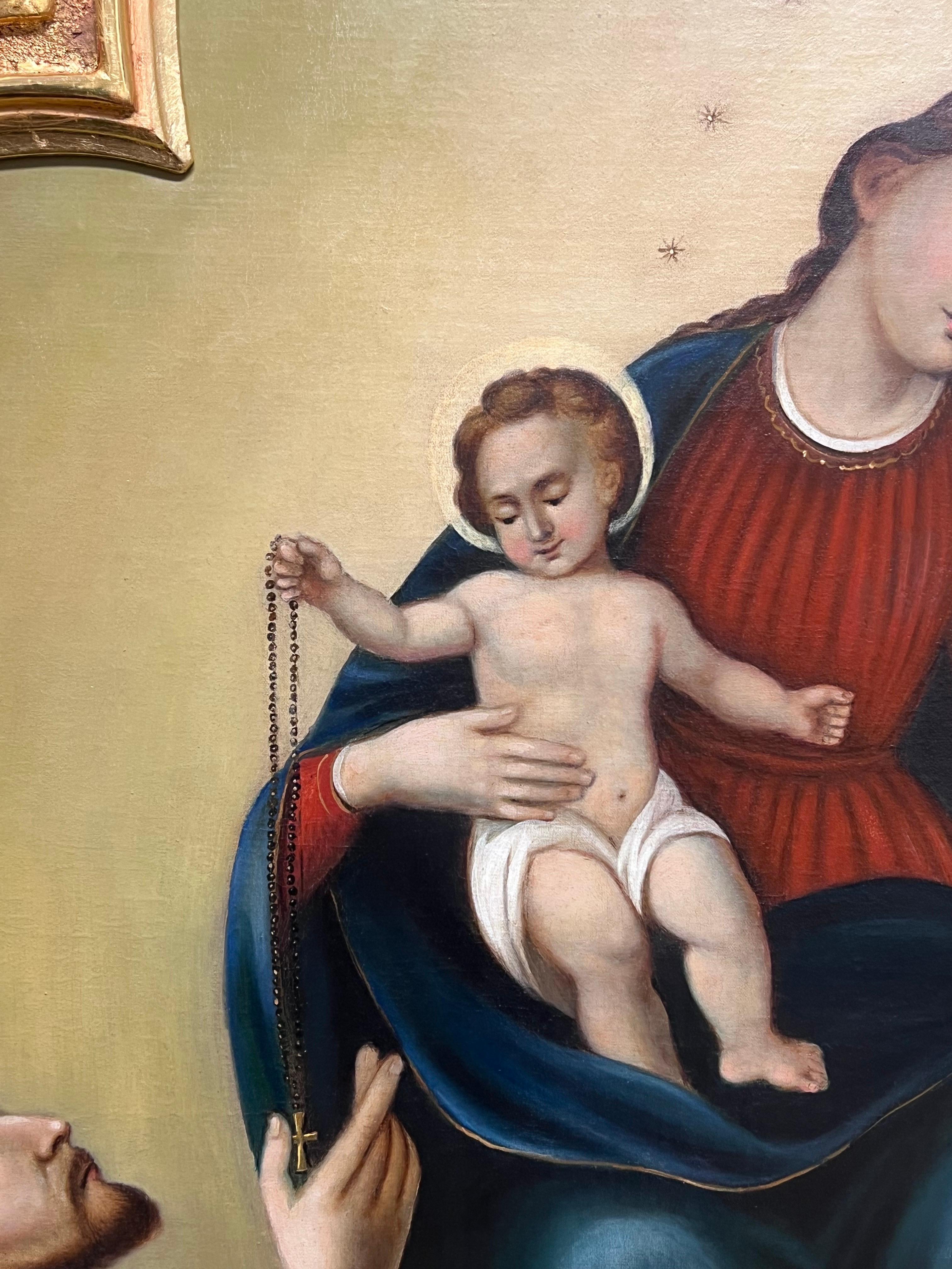Enormes religiöses deutsches Ölgemälde Anbetung der Madonna & des Christuskindes im Angebot 3