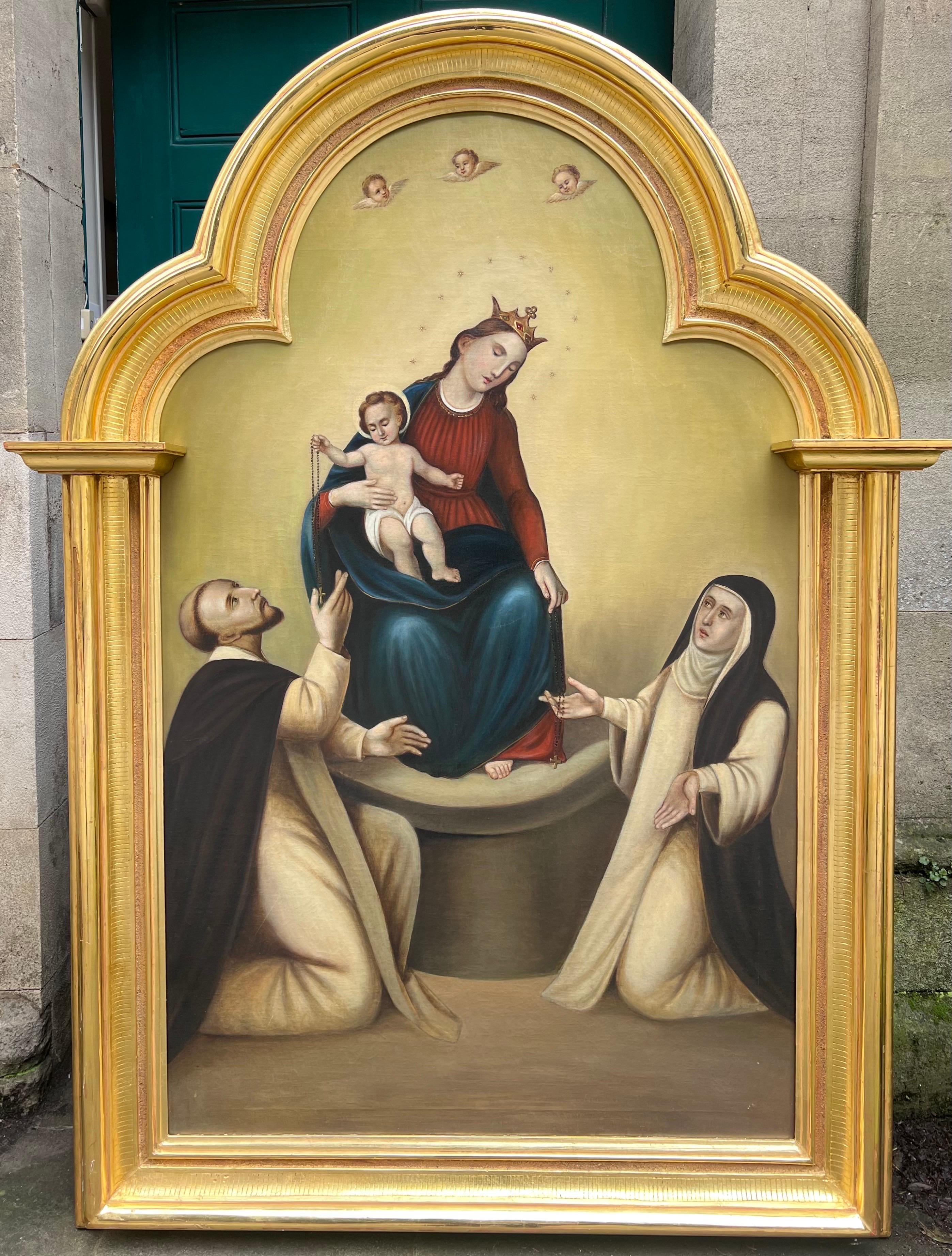 Enormous Religious German Oil Painting Adoration of Madonna & Christ Child