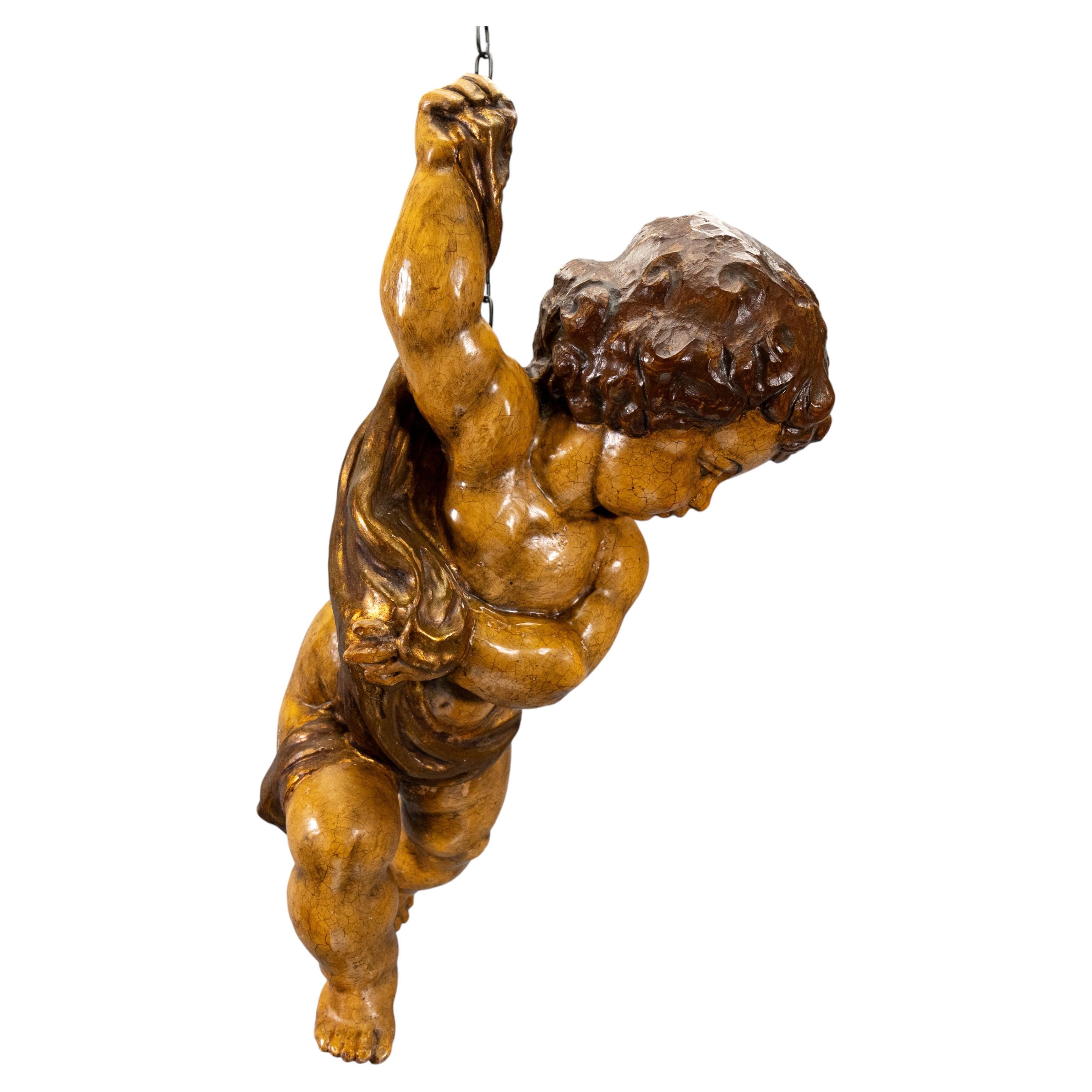 Putto-Figur aus polychromem, geschnitztem Holz im Stil des deutschen Barock-Revivals im Angebot