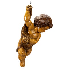 German Baroque Revival Style Polychromed Carved Wood Putto Figure