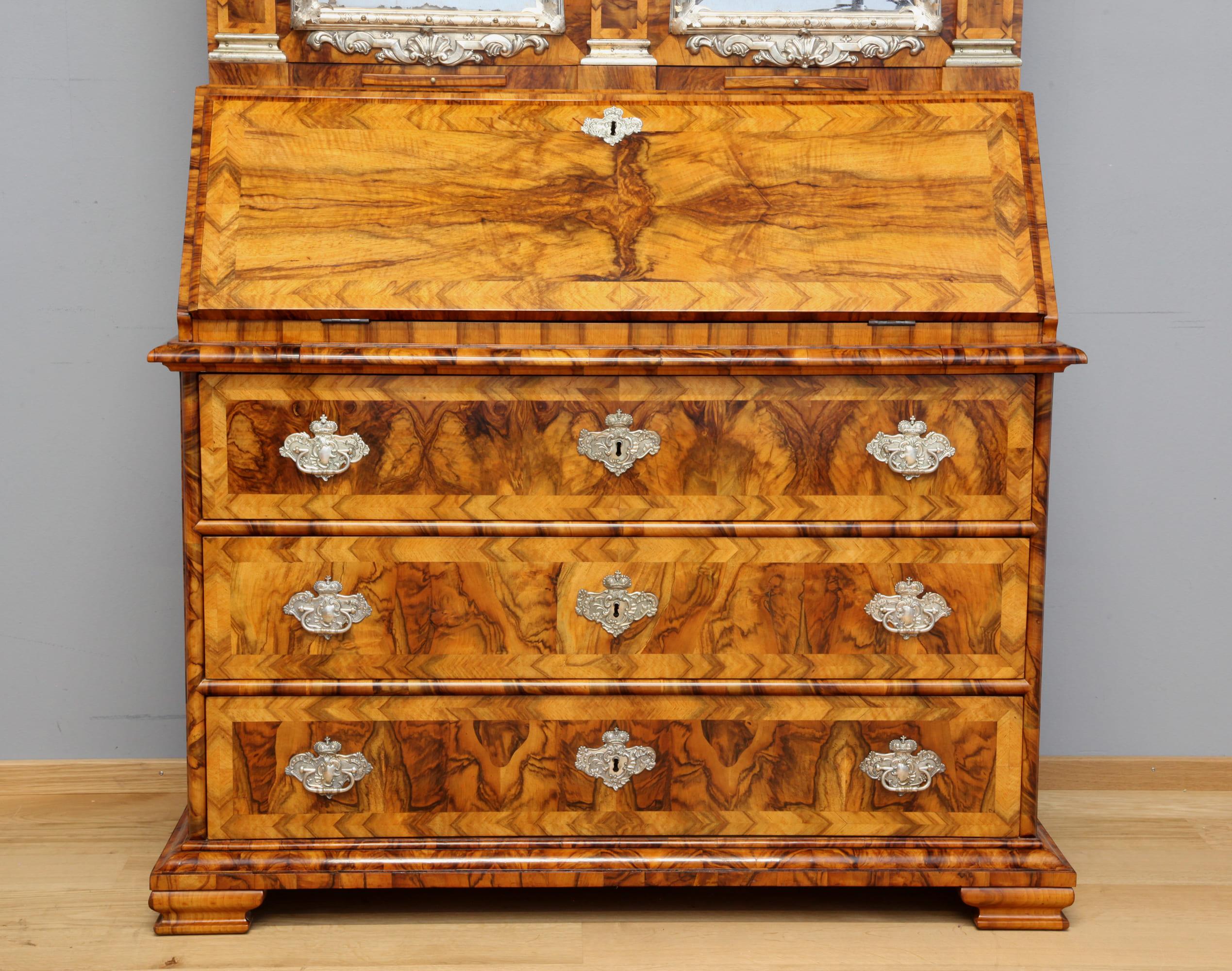 Walnut German Baroque Secretary with Mirror and Silver Plated Fittings from 1730/35 For Sale