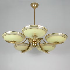 Deutscher 5armiger Bauhaus-Kronleuchter aus Messing und Glas im Art déco-Stil, 1930er Jahre