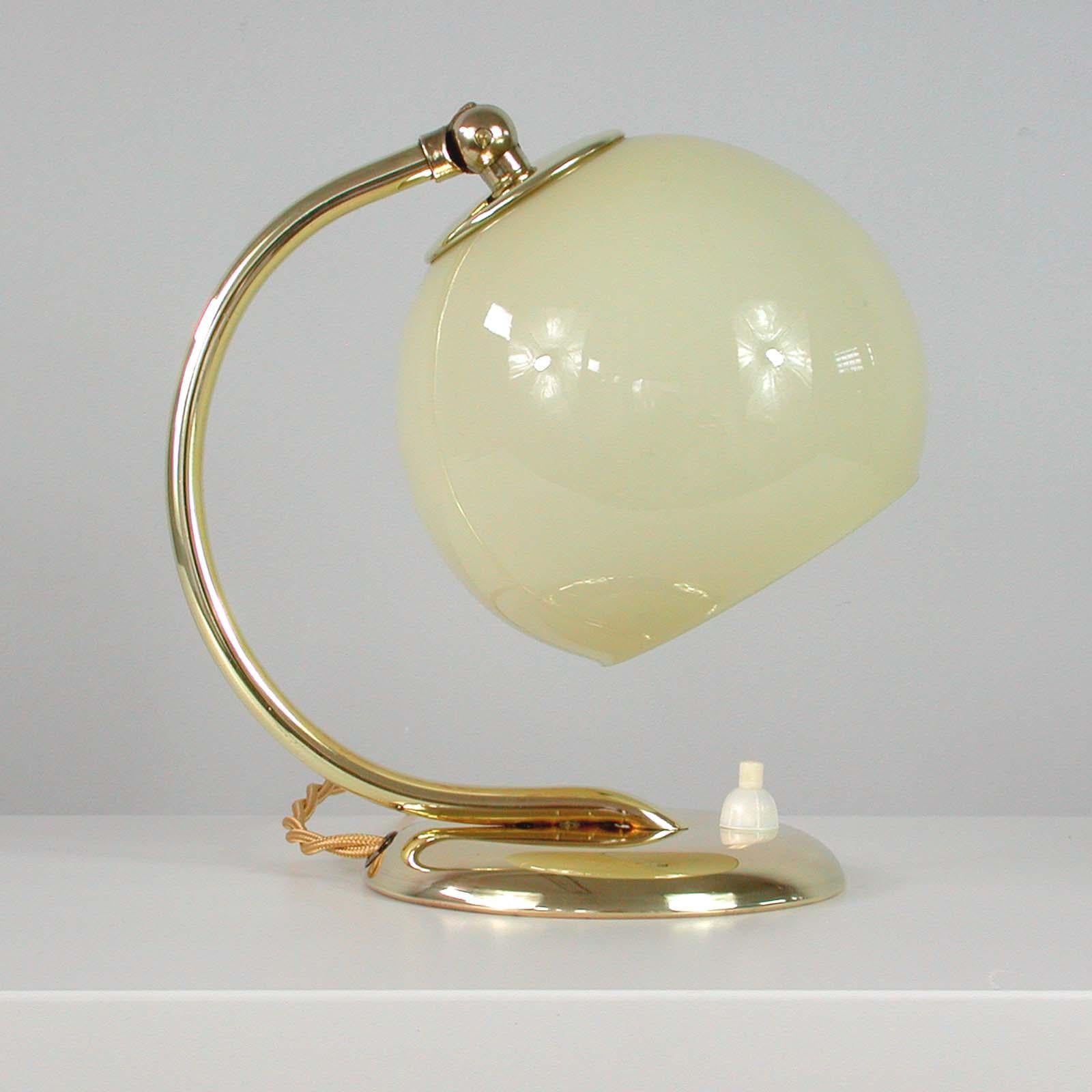 Mid-20th Century German Bauhaus Art Deco Brass and Opaline Table Lamp Sconce, 1930s