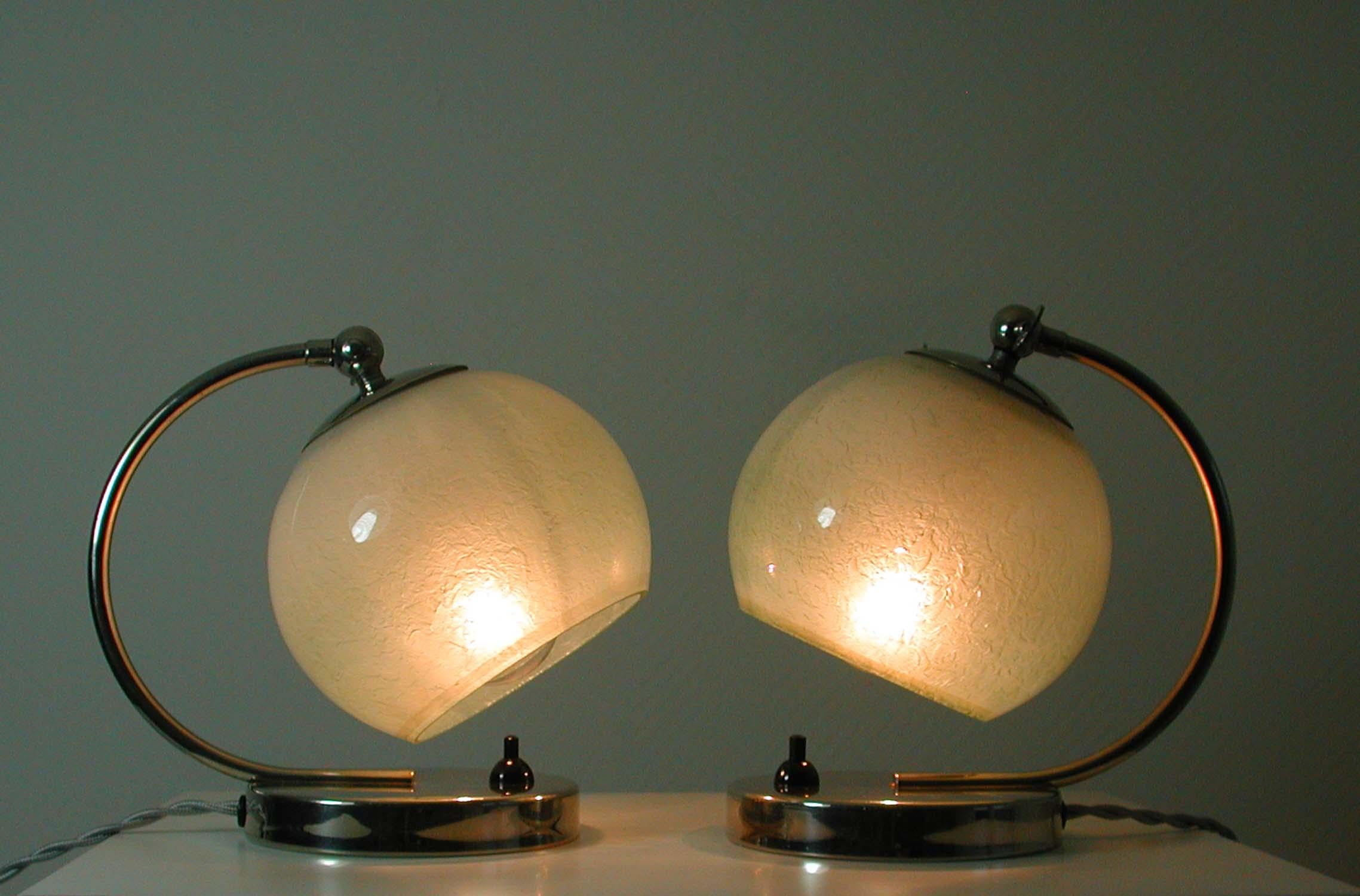 German Bauhaus Art Deco Chrome Table Lamps Mint Opal Shades, Set of 2, 1930s 9
