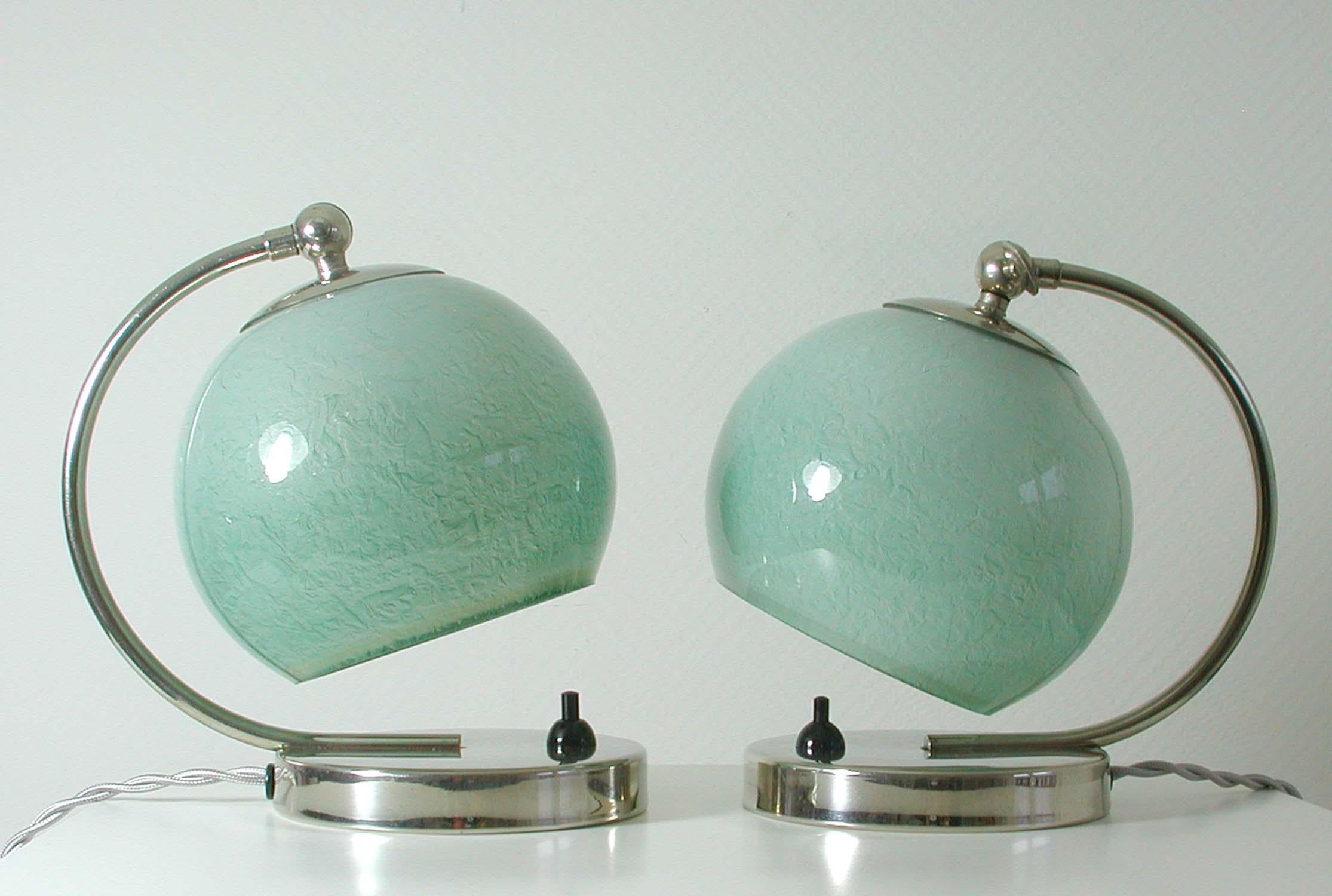 German Bauhaus Art Deco Chrome Table Lamps Mint Opal Shades, Set of 2, 1930s 12