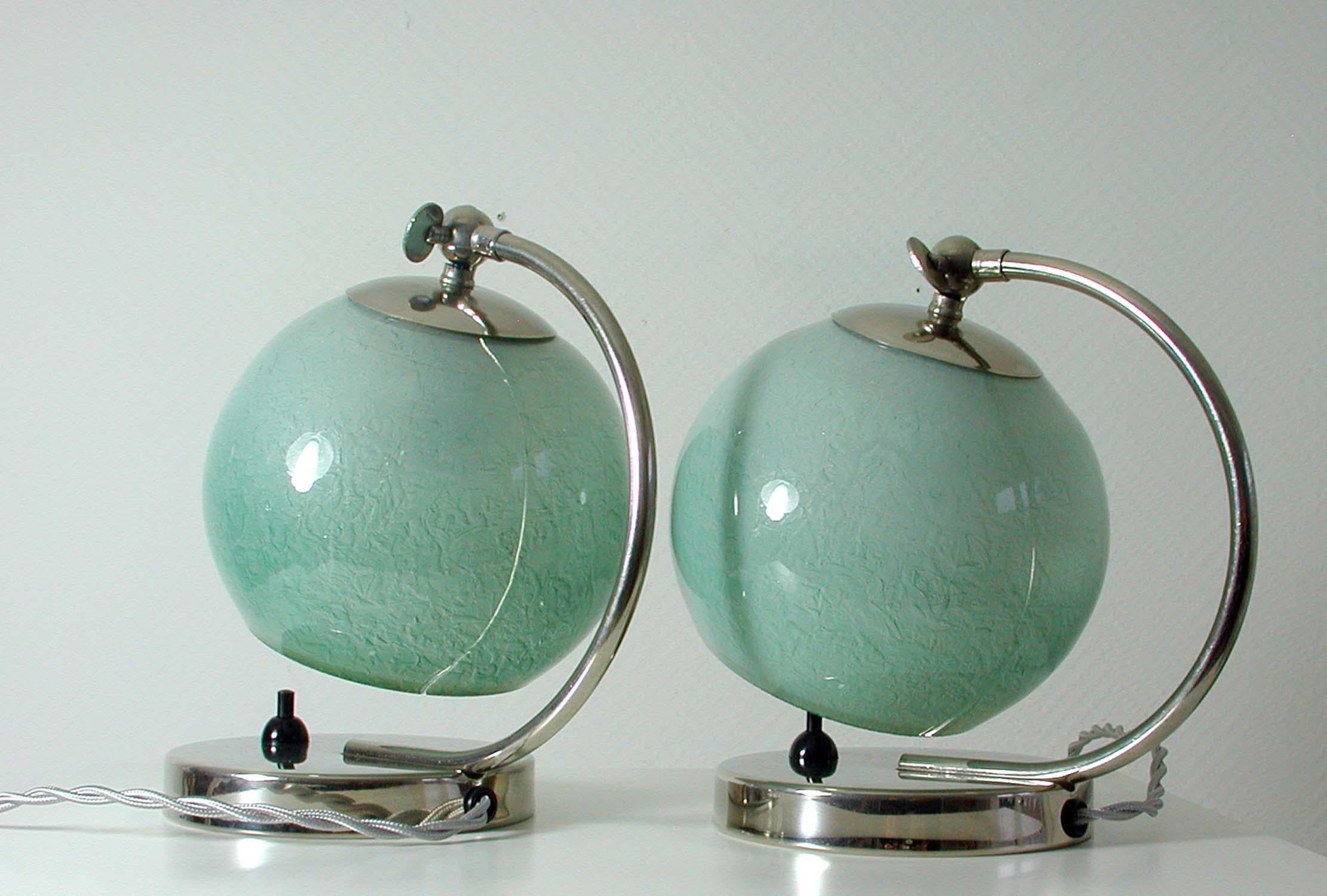 Mid-20th Century German Bauhaus Art Deco Chrome Table Lamps Mint Opal Shades, Set of 2, 1930s