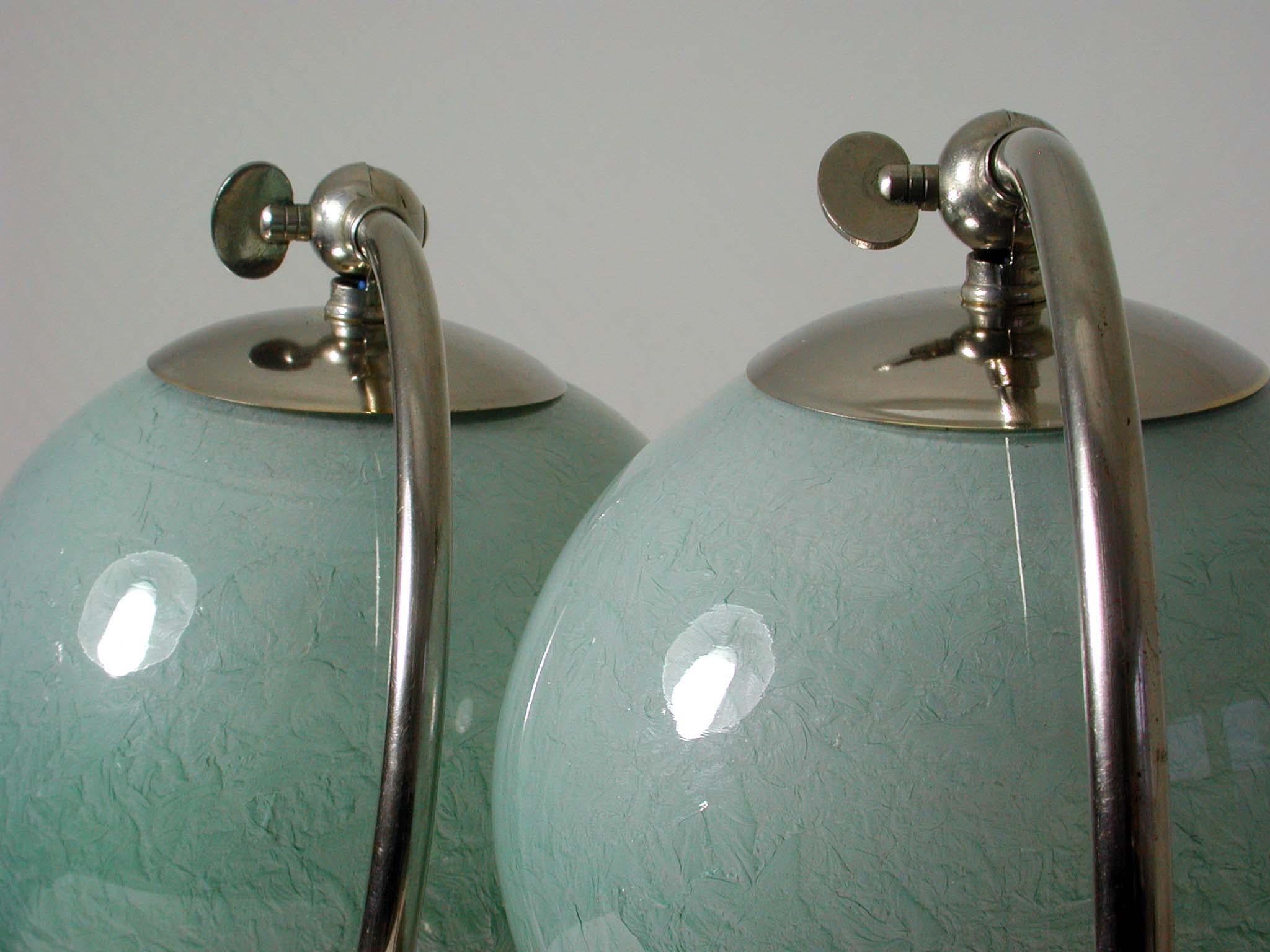 Opaline Glass German Bauhaus Art Deco Chrome Table Lamps Mint Opal Shades, Set of 2, 1930s