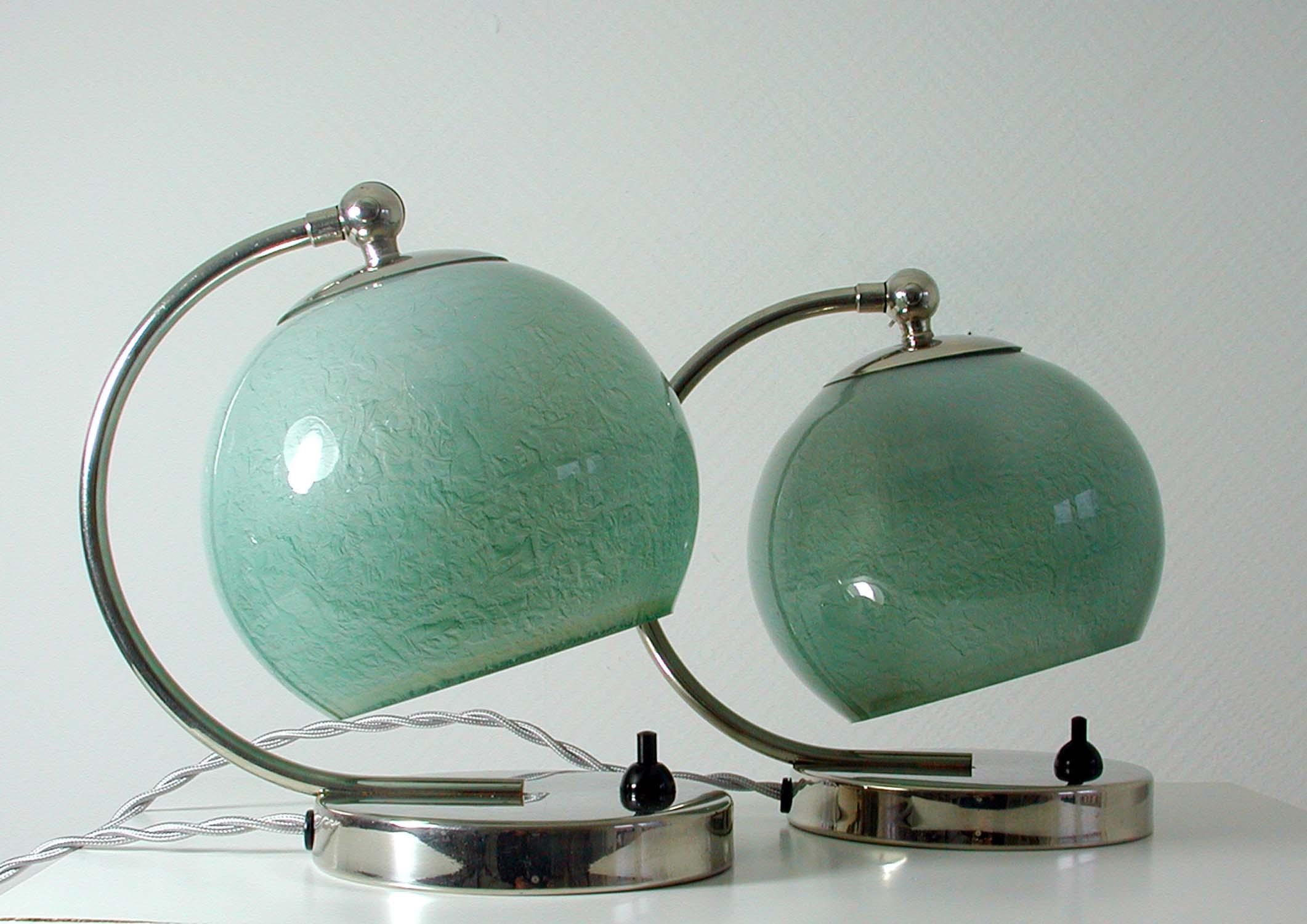 German Bauhaus Art Deco Chrome Table Lamps Mint Opal Shades, Set of 2, 1930s 3