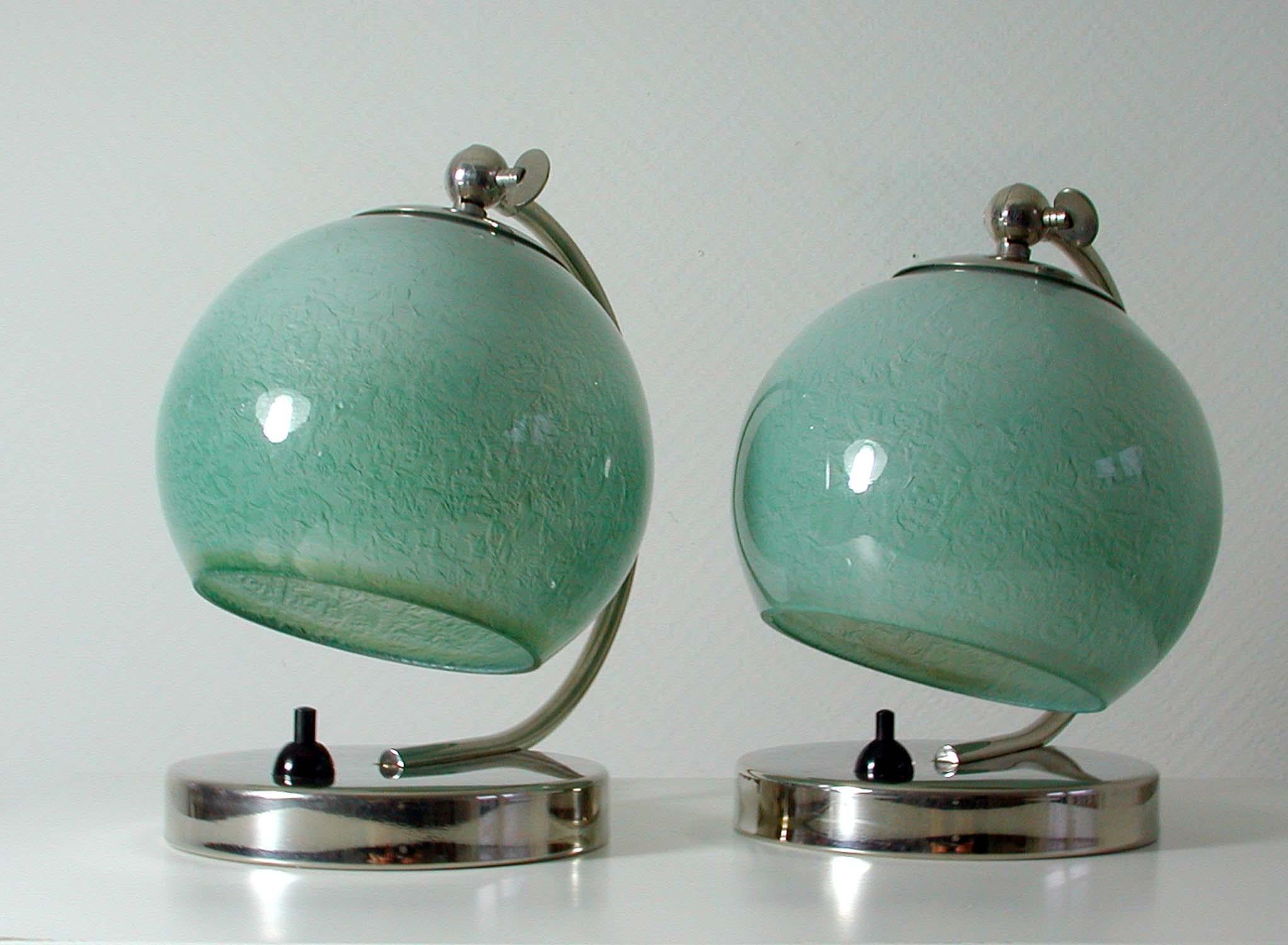 German Bauhaus Art Deco Chrome Table Lamps Mint Opal Shades, Set of 2, 1930s 4