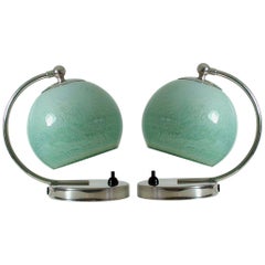 German Bauhaus Art Deco Chrome Table Lamps Mint Opal Shades, Set of 2, 1930s