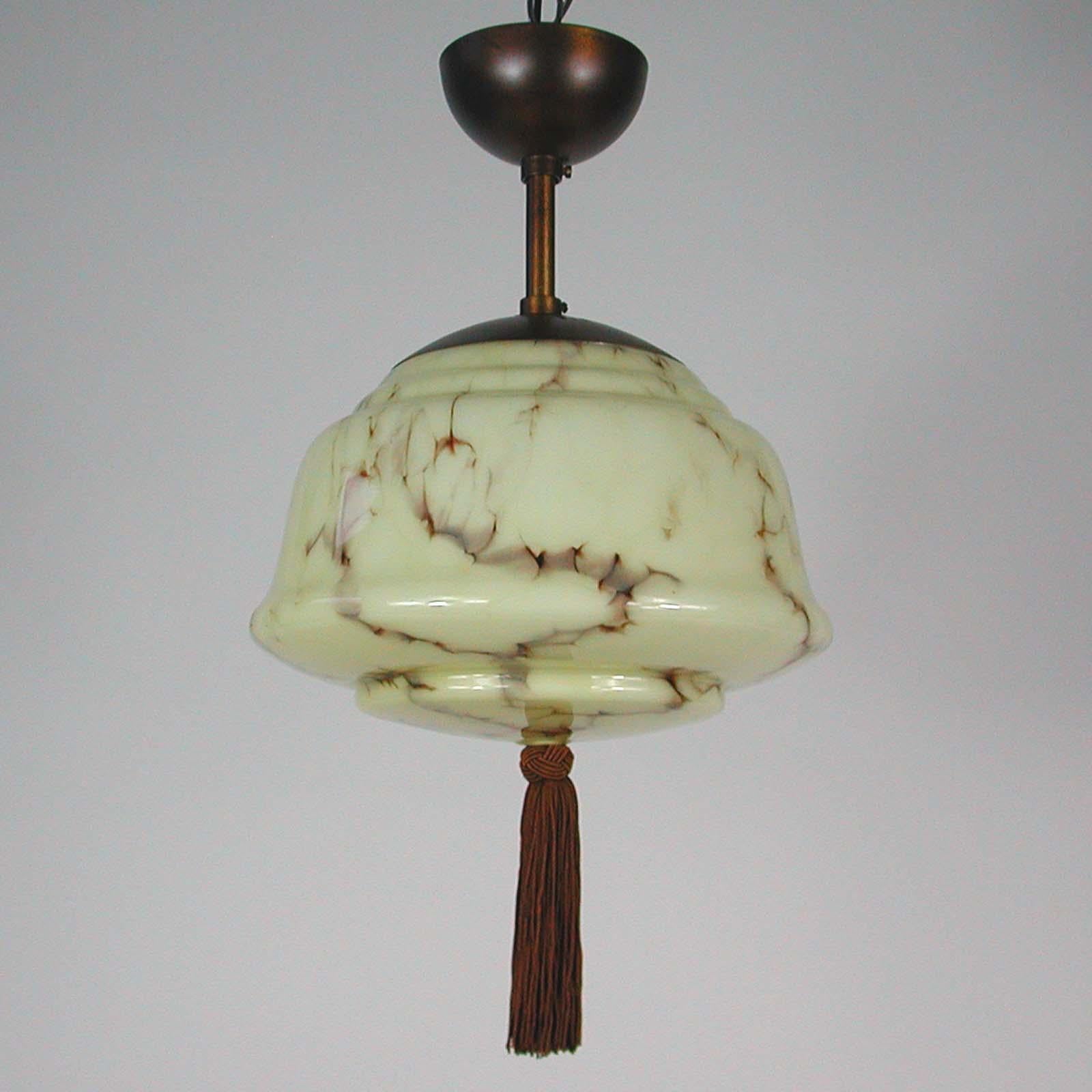 German Bauhaus Art Deco Flushmount Pendant, Patinated Brass and Opaline, 1920s In Good Condition In NUEMBRECHT, NRW