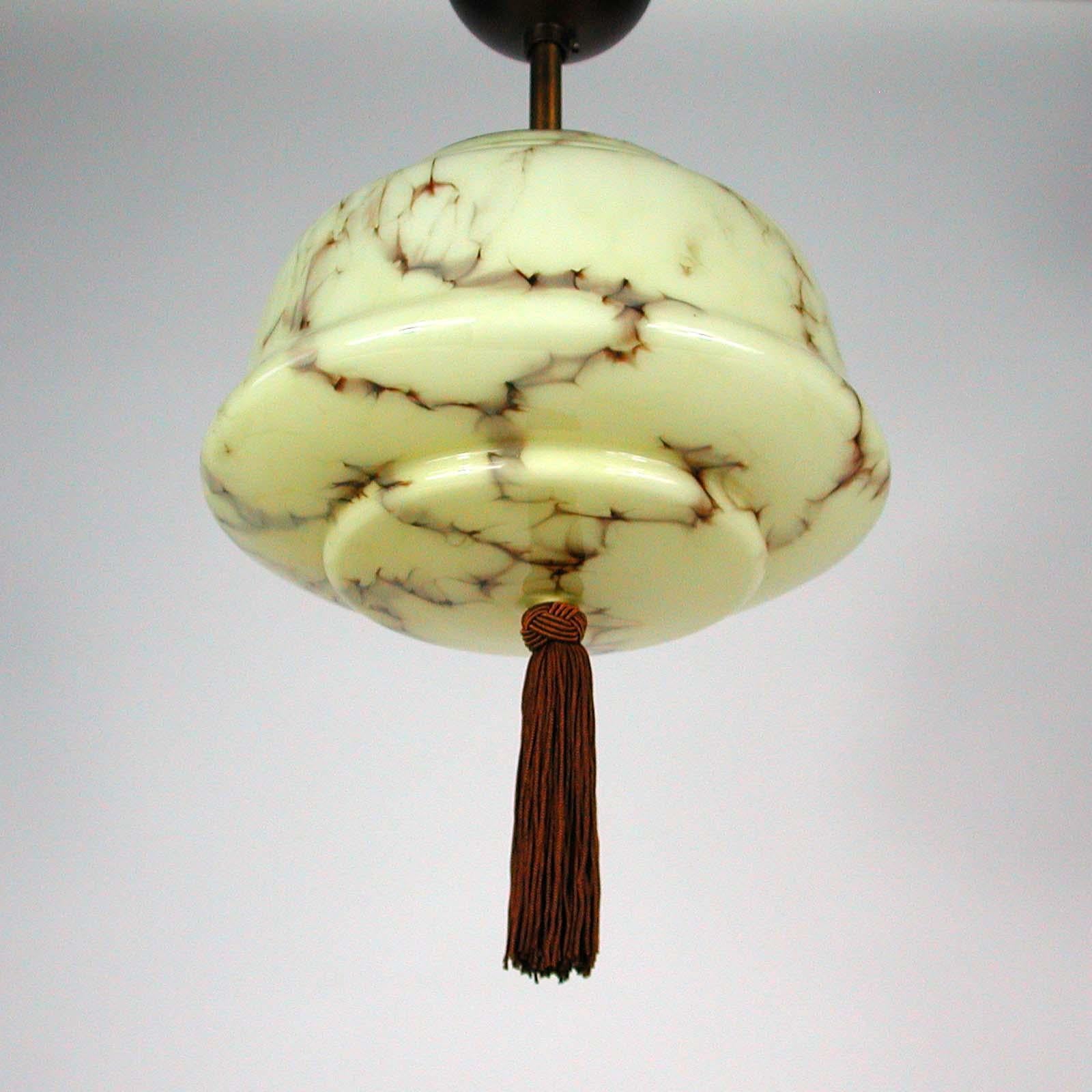 Early 20th Century German Bauhaus Art Deco Flushmount Pendant, Patinated Brass and Opaline, 1920s