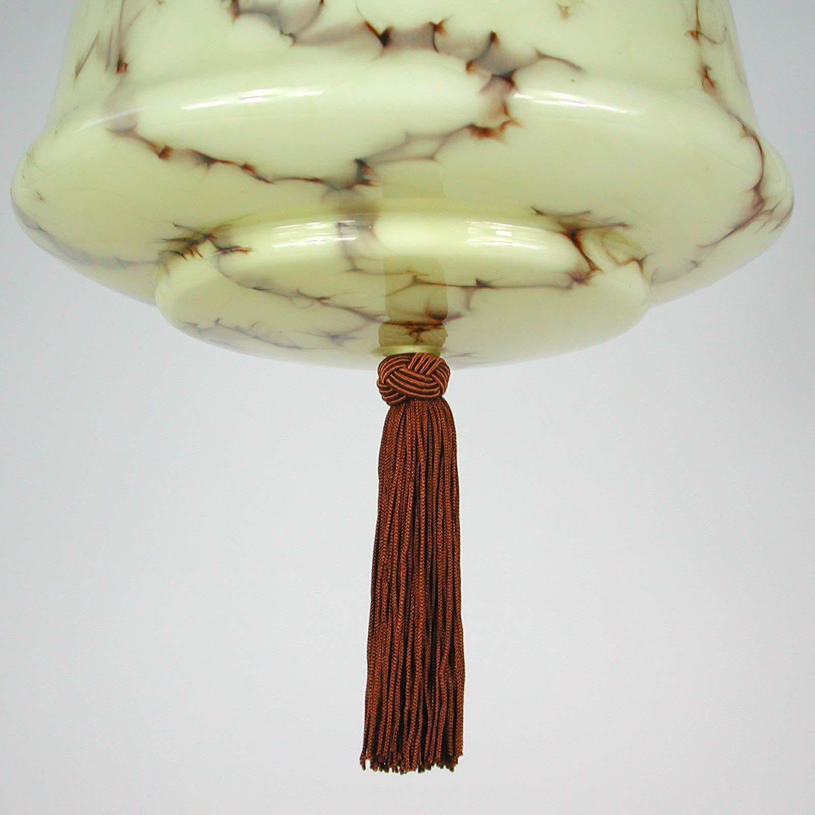 German Bauhaus Art Deco Flushmount Pendant, Patinated Brass and Opaline, 1920s 1