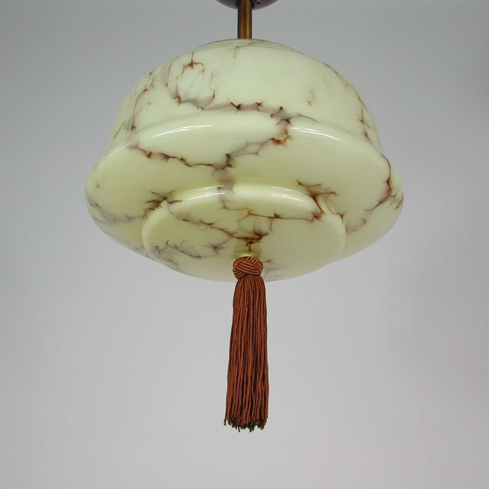 German Bauhaus Art Deco Flushmount Pendant, Patinated Brass and Opaline, 1920s 2