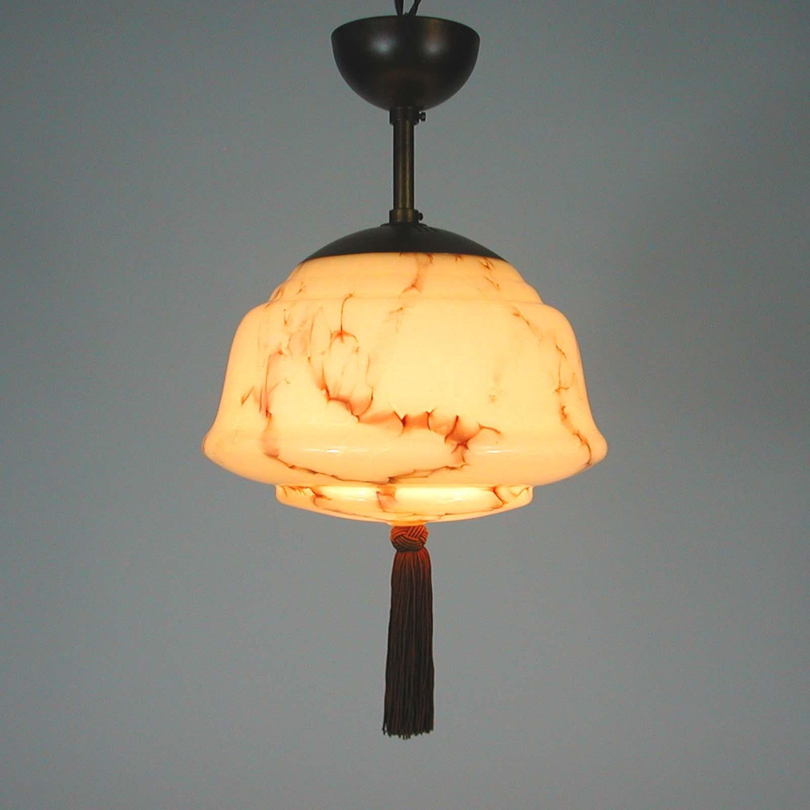 German Bauhaus Art Deco Flushmount Pendant, Patinated Brass and Opaline, 1920s 5