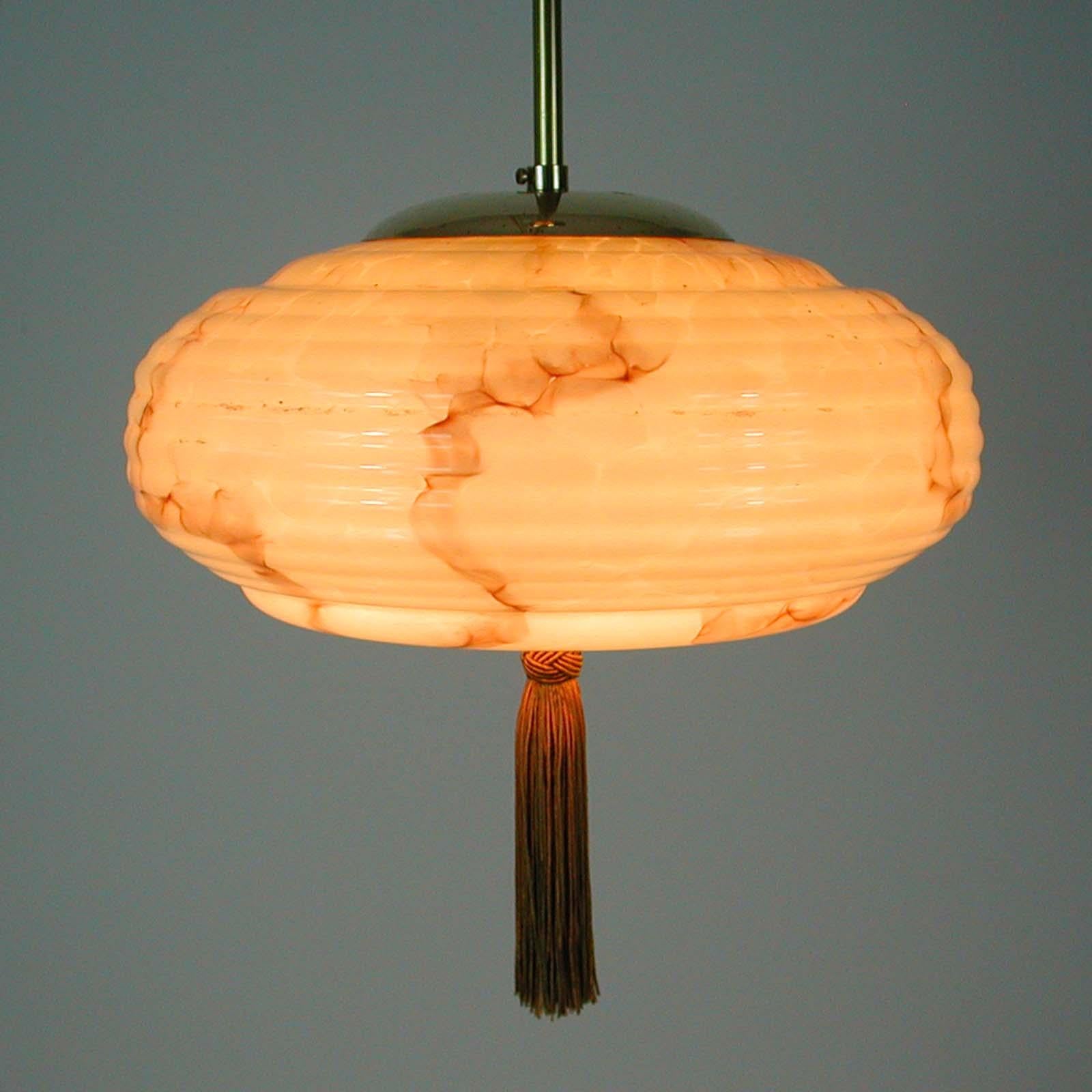 German Bauhaus Art Deco Pendant, Brass and Opaline Marbled Lampshade, 1920s 6