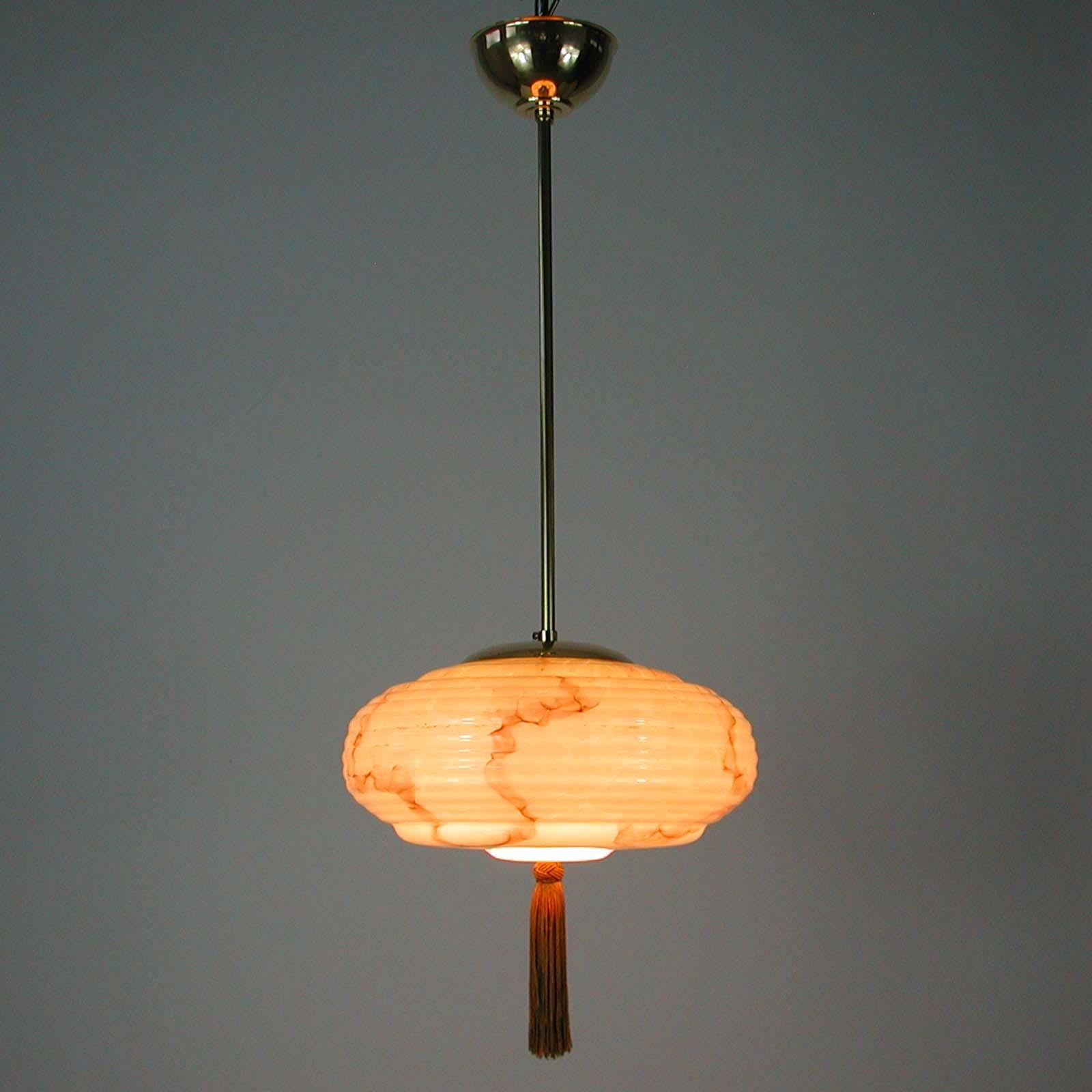 German Bauhaus Art Deco Pendant, Brass and Opaline Marbled Lampshade, 1920s 11