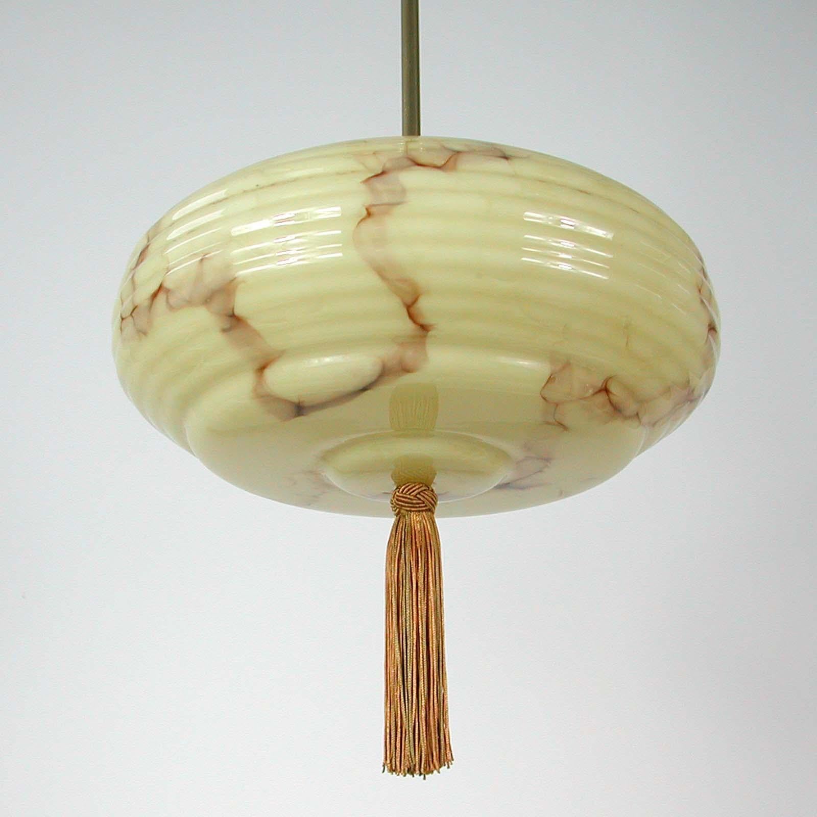 German Bauhaus Art Deco Pendant, Brass and Opaline Marbled Lampshade, 1920s In Good Condition In NUEMBRECHT, NRW