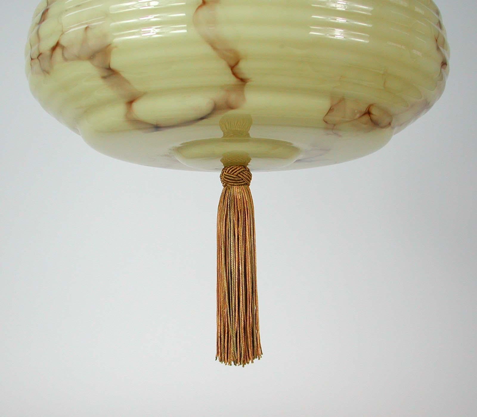 Early 20th Century German Bauhaus Art Deco Pendant, Brass and Opaline Marbled Lampshade, 1920s