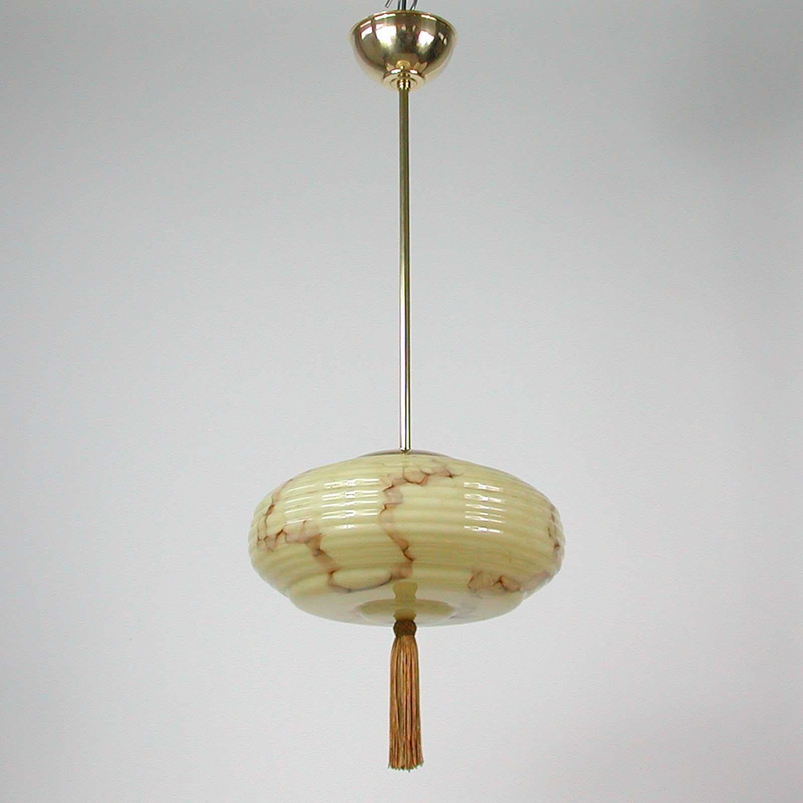 German Bauhaus Art Deco Pendant, Brass and Opaline Marbled Lampshade, 1920s 4