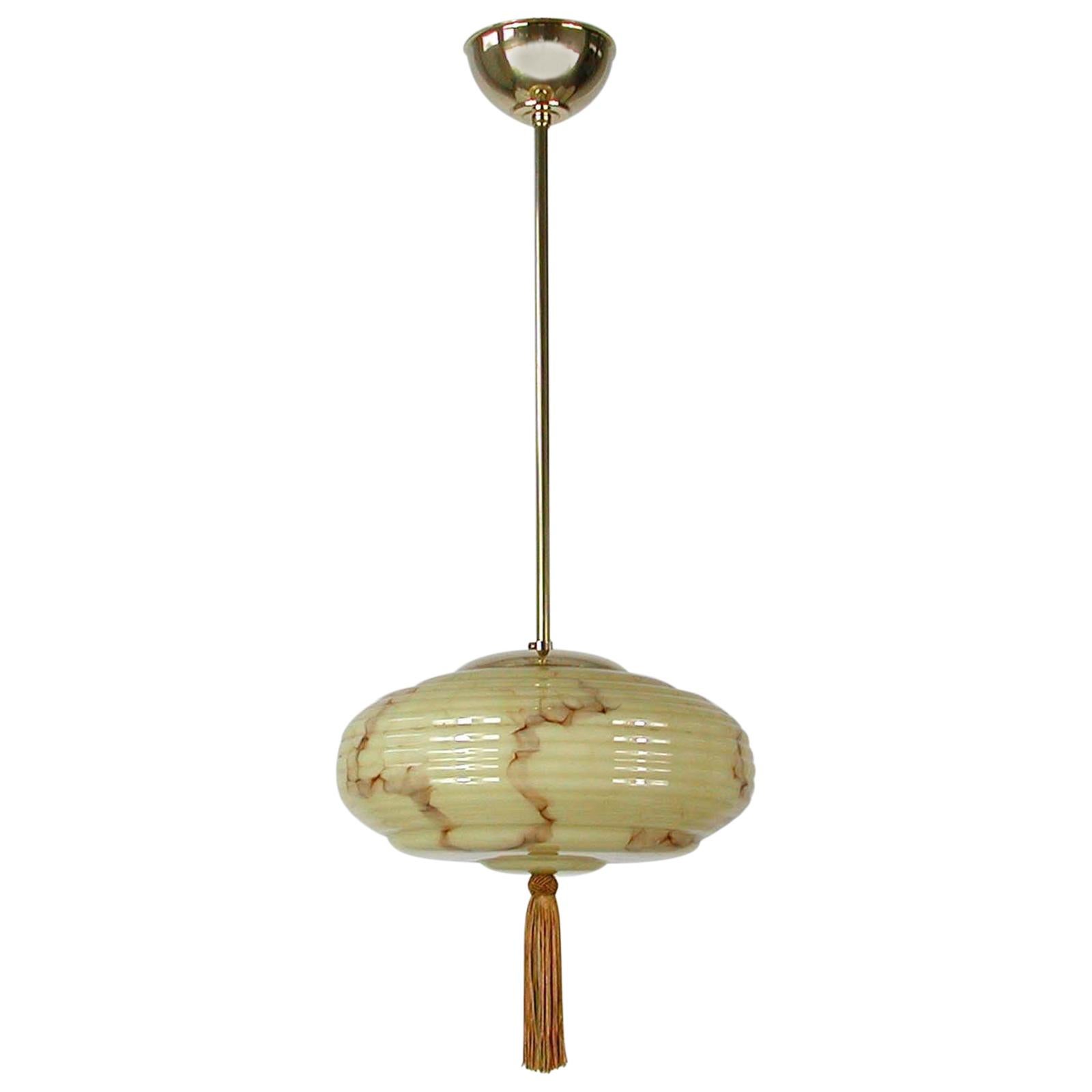 German Bauhaus Art Deco Pendant, Brass and Opaline Marbled Lampshade, 1920s