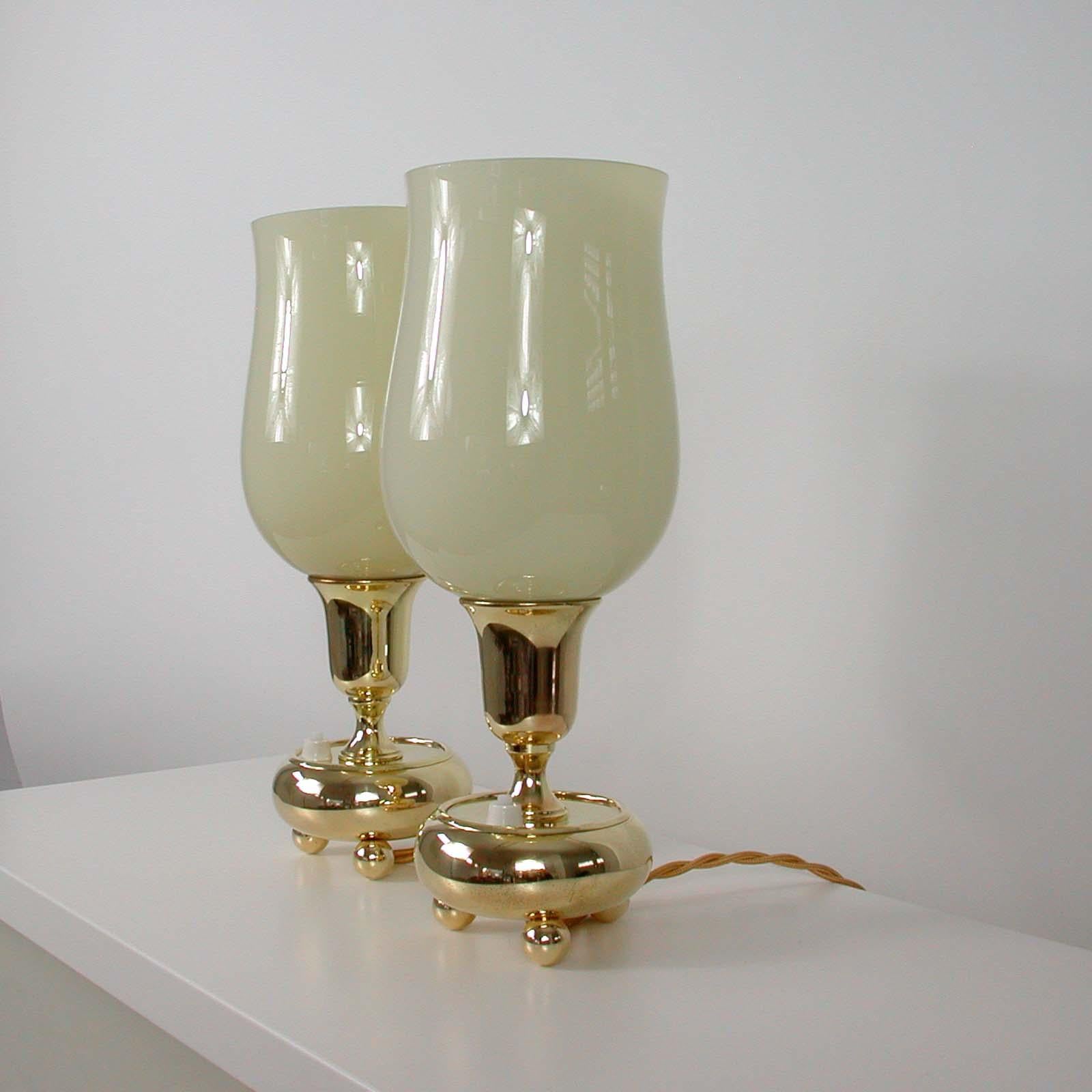 Mid-20th Century German Bauhaus Brass and Opal Torchiere Table Lamps, Set of 2, 1930s For Sale