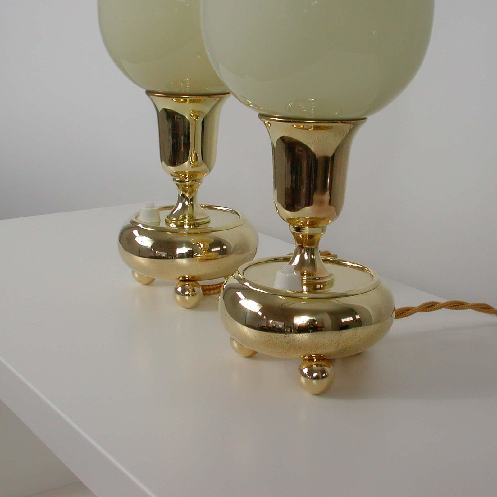 German Bauhaus Brass and Opal Torchiere Table Lamps, Set of 2, 1930s For Sale 1
